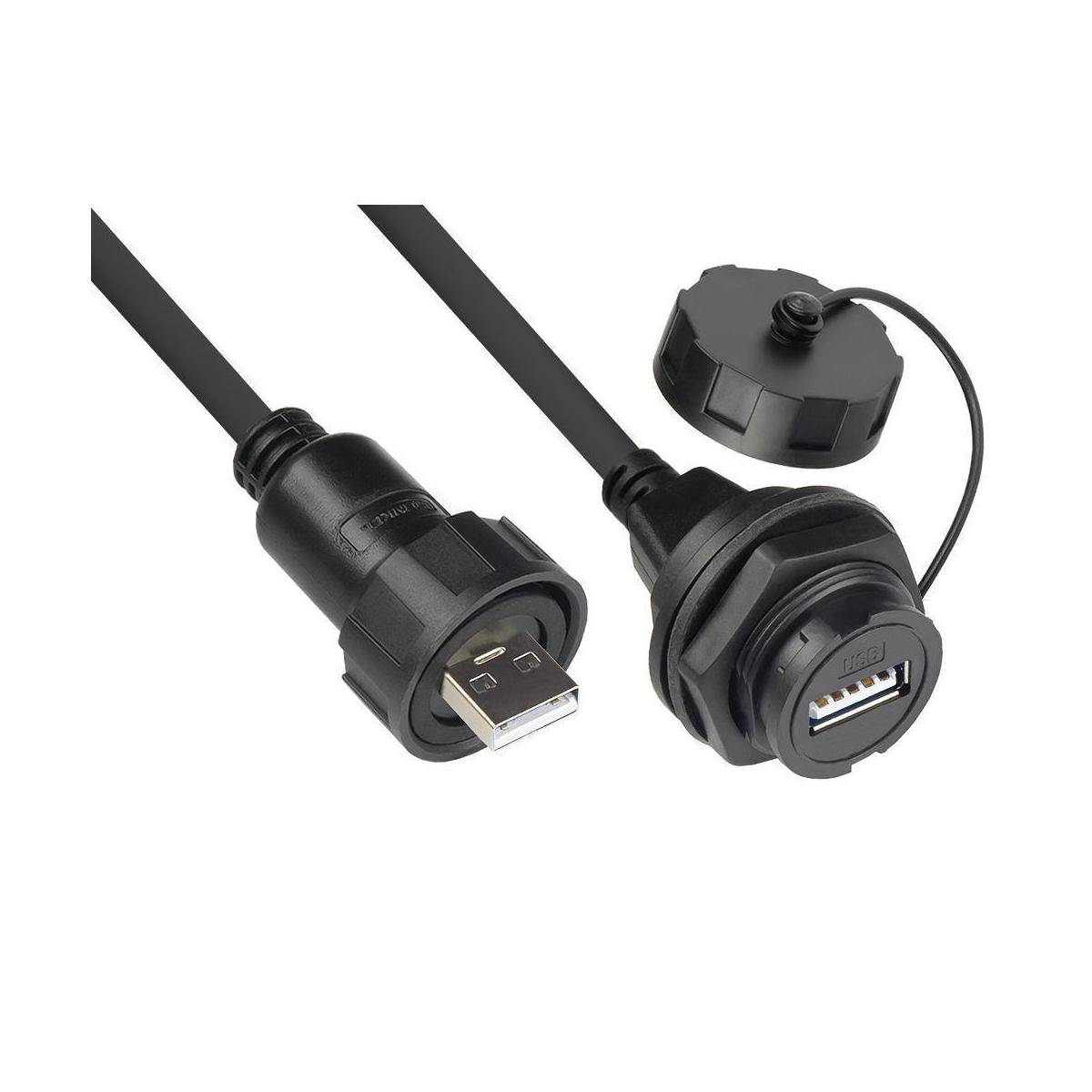 Industrie-Steckverbinder S4 – USB 2.0 Kabel, Stecker A an Einbaubuchse A, Verschraubung, schwarz, 1m