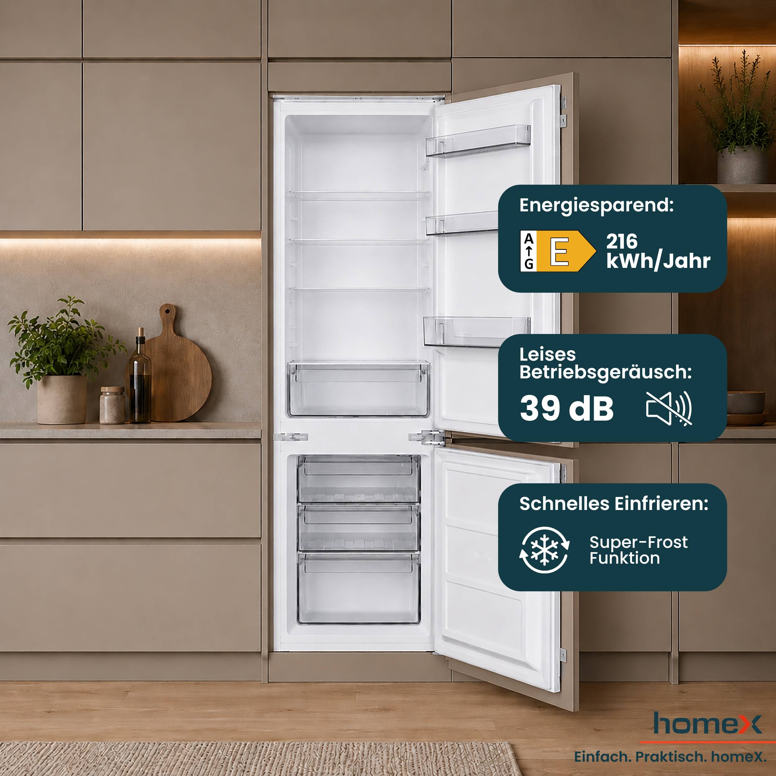 homeX CFB2491E Einbaukühlschrank mit Gefrierfach, Einbau Kühl Gefrierkombination, 178cm Nische - 249 Liter, Schlepptür