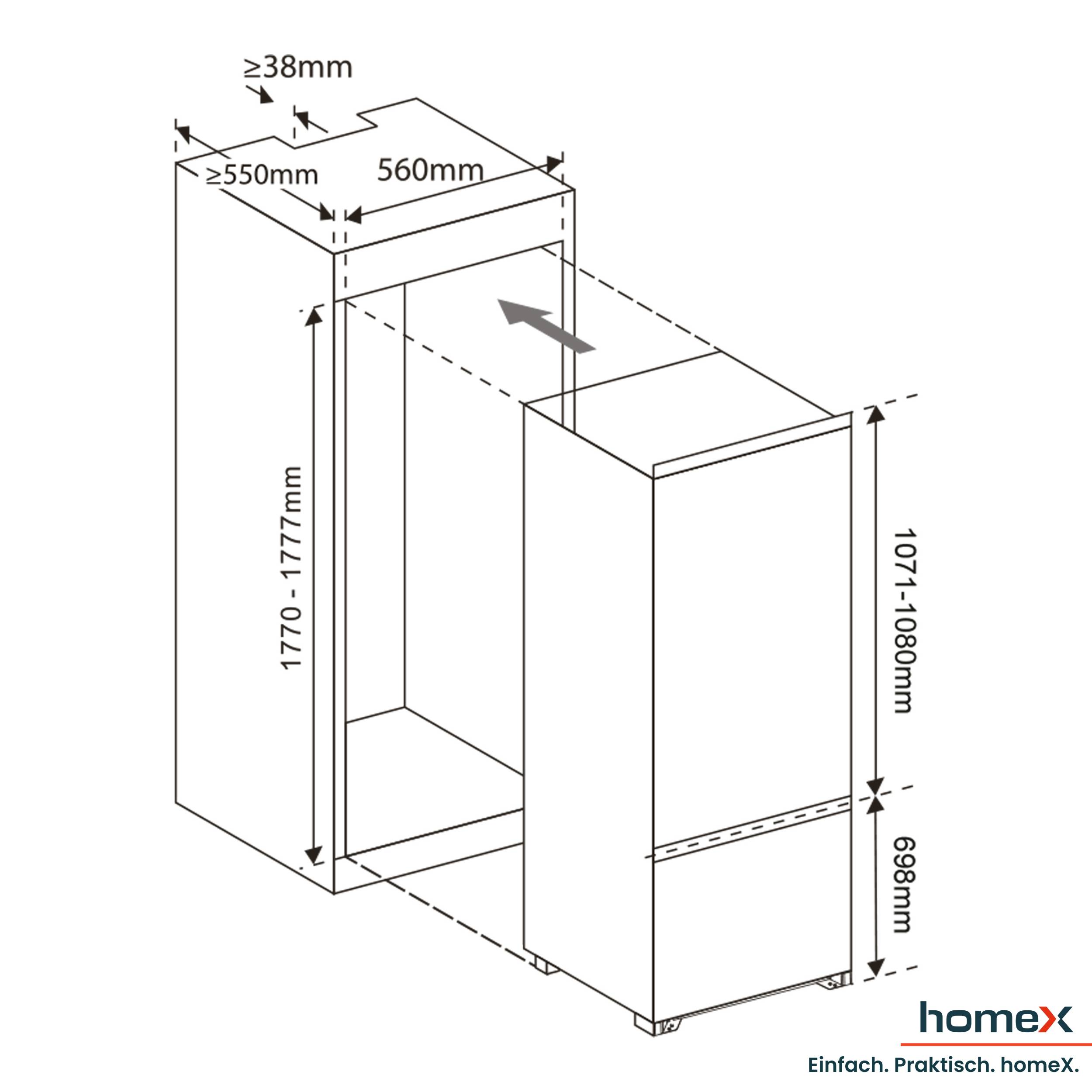homeX CFB2491E Einbaukühlschrank mit Gefrierfach, Einbau Kühl Gefrierkombination, 178cm Nische - 249 Liter, Schlepptür