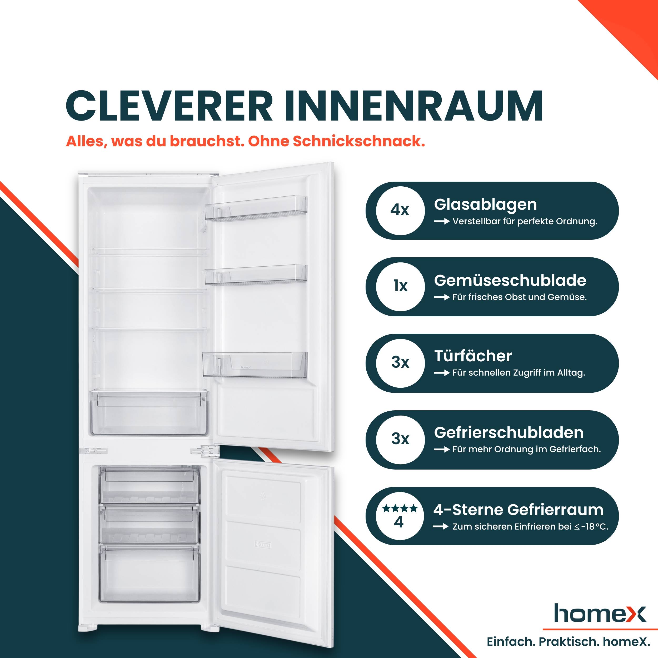 homeX CFB2491E Einbaukühlschrank mit Gefrierfach, Einbau Kühl Gefrierkombination, 178cm Nische - 249 Liter, Schlepptür