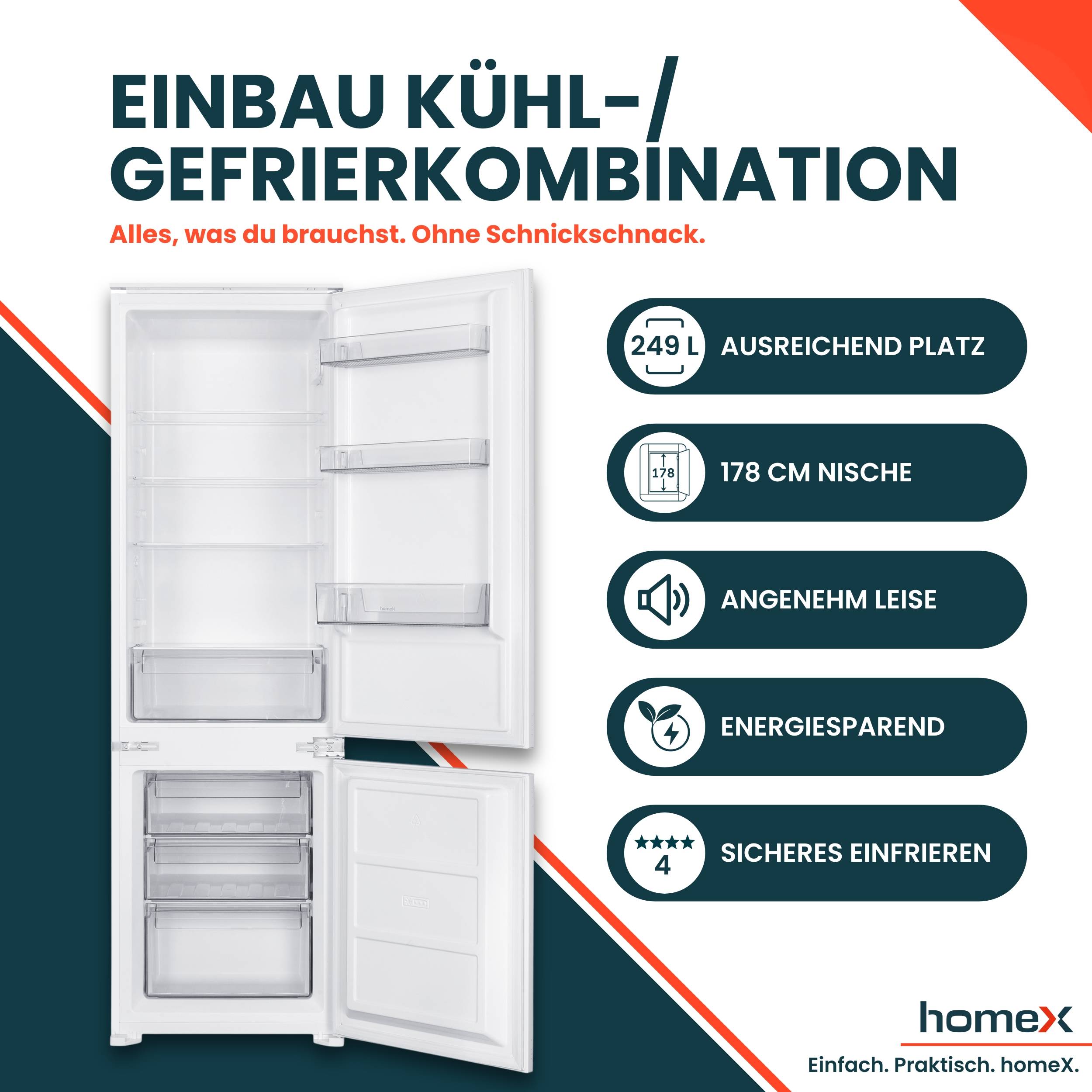 homeX CFB2491E Einbaukühlschrank mit Gefrierfach, Einbau Kühl Gefrierkombination, 178cm Nische - 249 Liter, Schlepptür