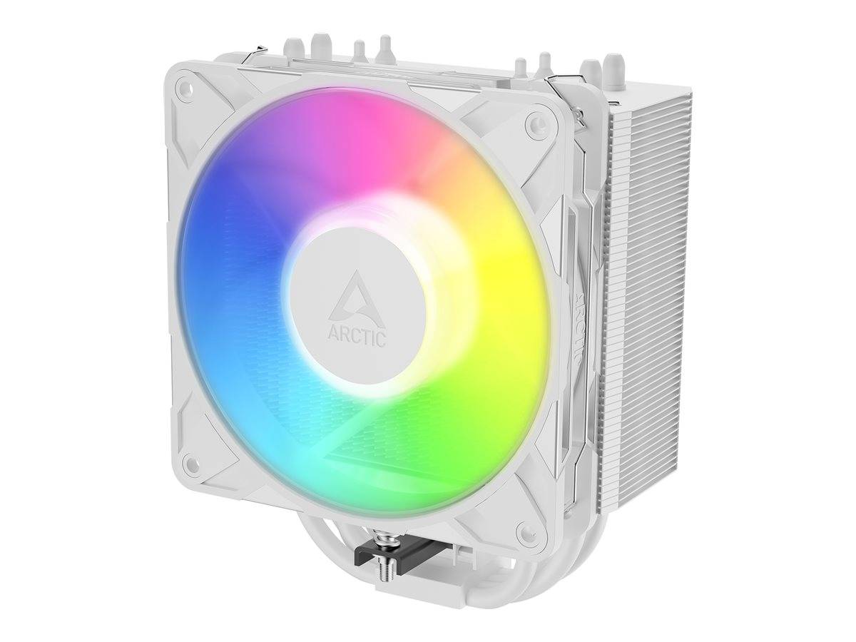 Weißer ARCTIC CPU-Luftkühler mit großem RGB-beleuchtetetem Frontlüfter und gestapelten Metallkühlrippen.