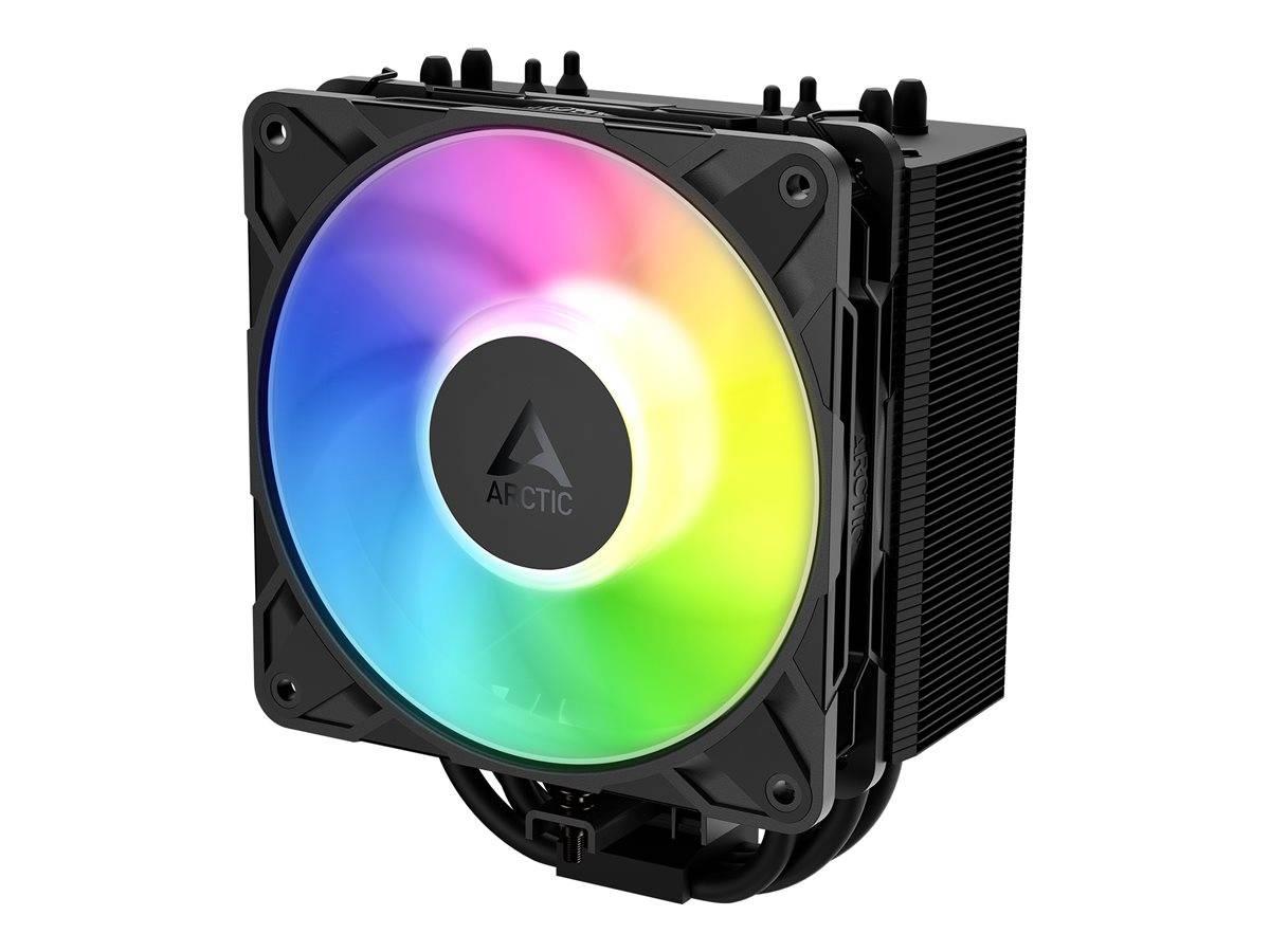 Schwarzer Tower-CPU-Kühler mit RGB-Regenbogen-Lüfter und Kühlrippen, auf weißem Hintergrund dargestellt.