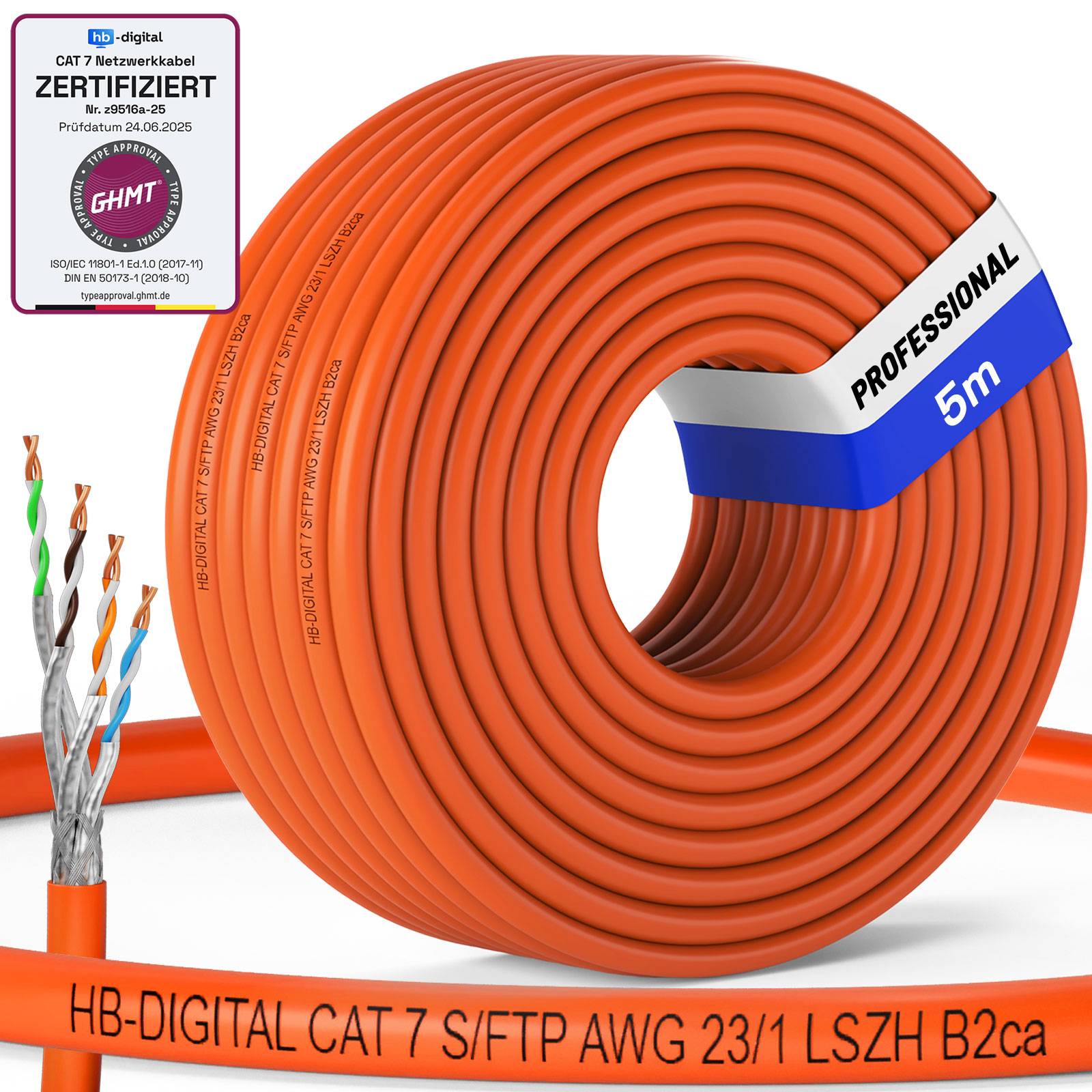 hb-digital CAT 7 Netzwerkkabel 5m PRO S/FTP PiMF AWG23/1 LSZH B2ca GHMT zertifiziert PoE++ Verlegekabel professional