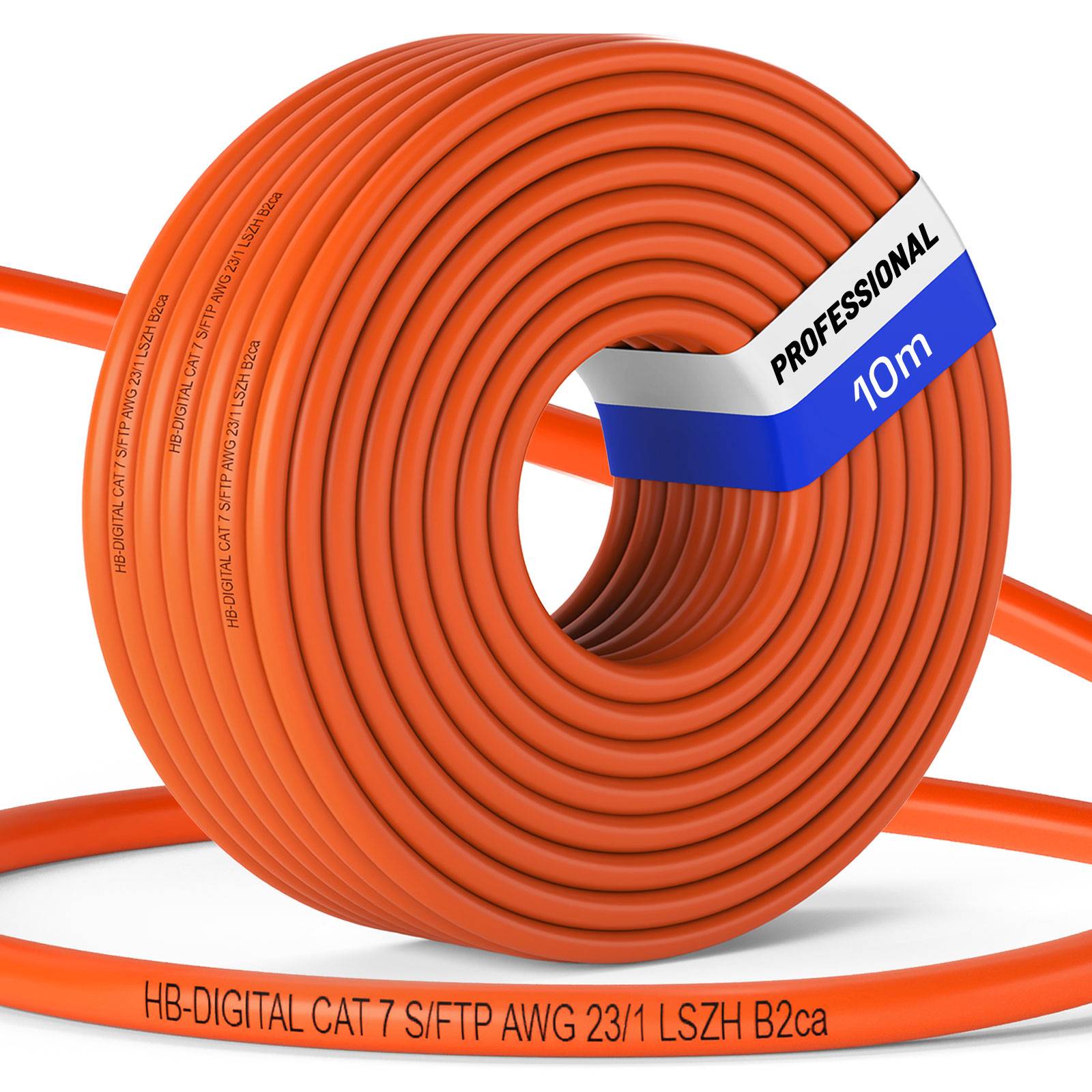 Aufgerolltes orangefarbenes Ethernet-Kabelspiel mit der Bezeichnung „PROFESSIONAL 10m
