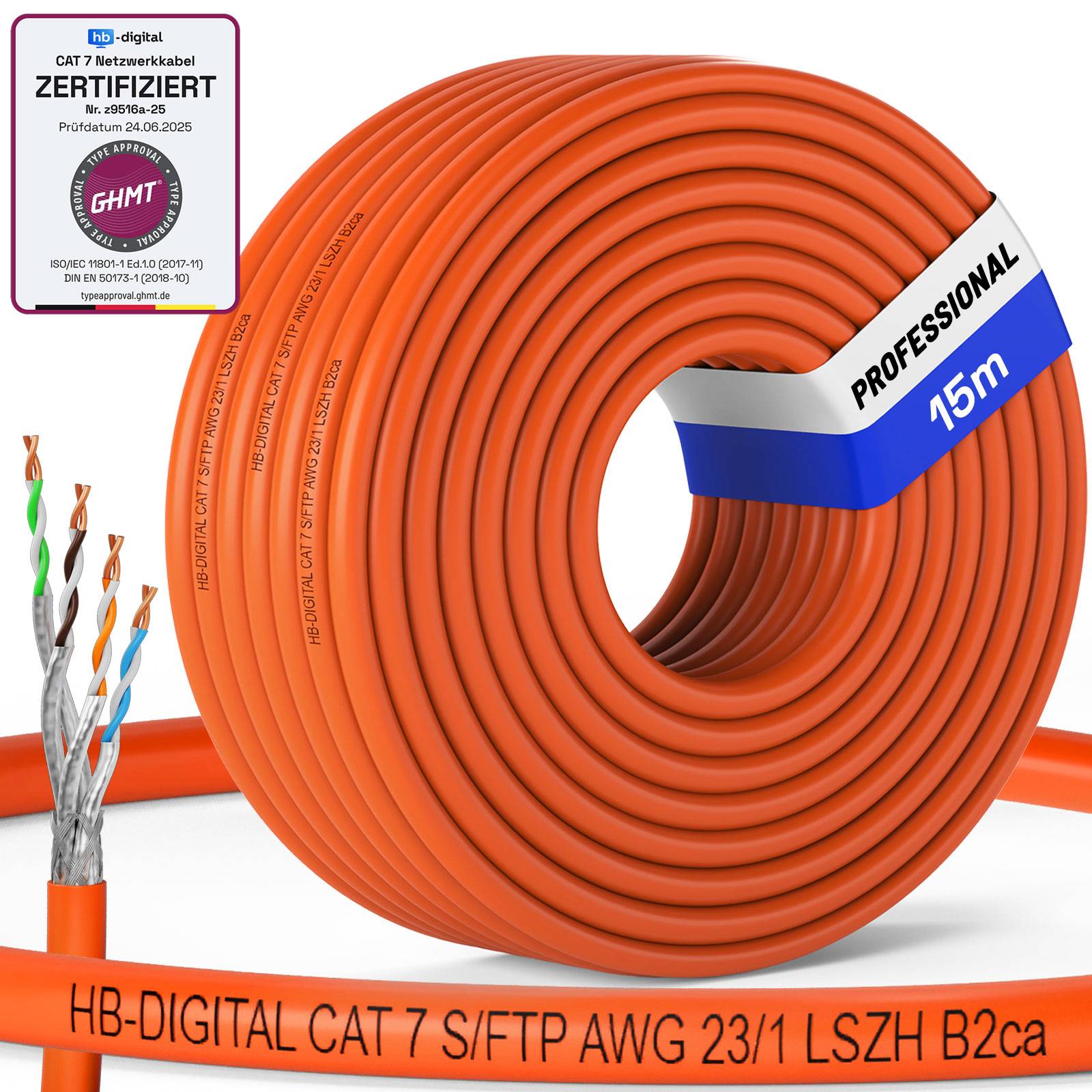hb-digital CAT 7 Netzwerkkabel 15m PRO S/FTP PiMF AWG23/1 LSZH B2ca GHMT PoE++ Verlegekabel professional