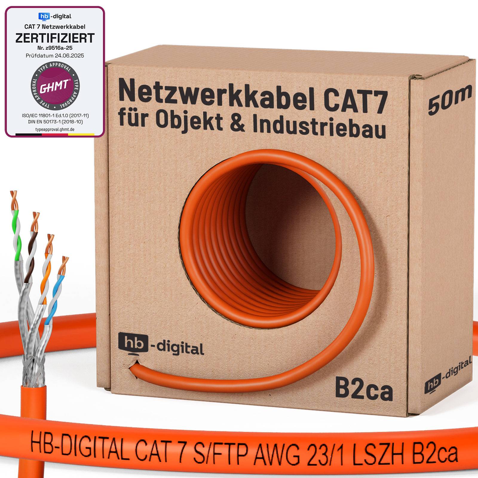 hb-digital CAT 7 Kabel PRO S/FTP PiMF AWG23/1 LSZH B2ca GHMT PoE++ Netzwerkkabel professional 50m