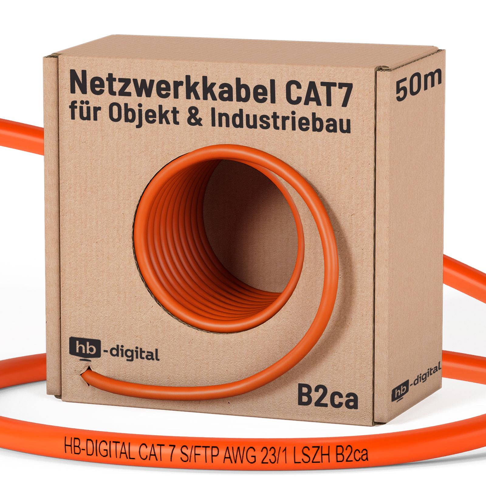 HB-Digital CAT7-Netzwerkkabel in Orange, 50 m Spule, gekennzeichnet für Objekt- und Industriebau, Brandschutzklasse B2ca.