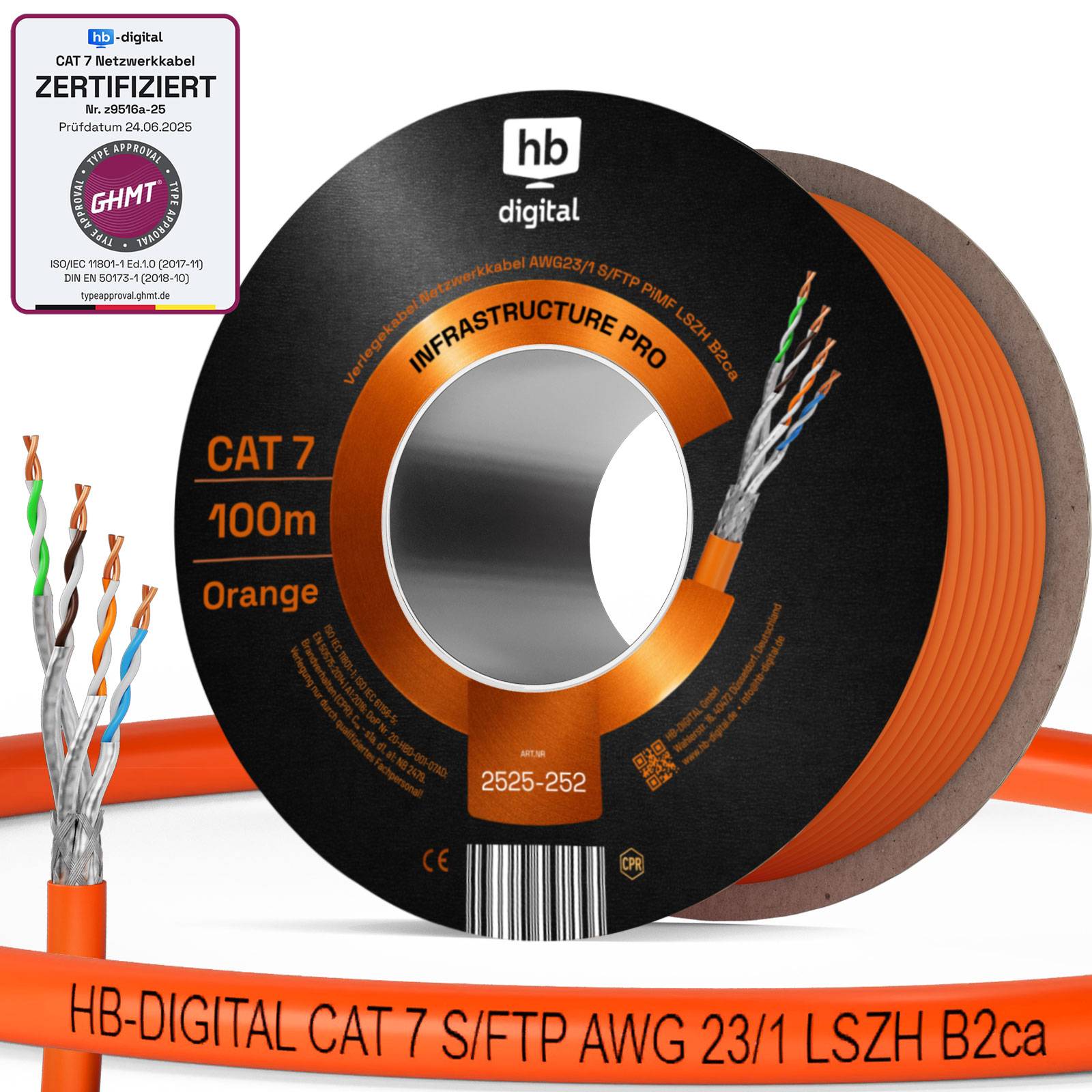 hb-digital CAT 7 Netzwerkkabel 100m PRO S/FTP PiMF AWG23/1 LSZH B2ca GHMT PoE++ Verlegekabel professional