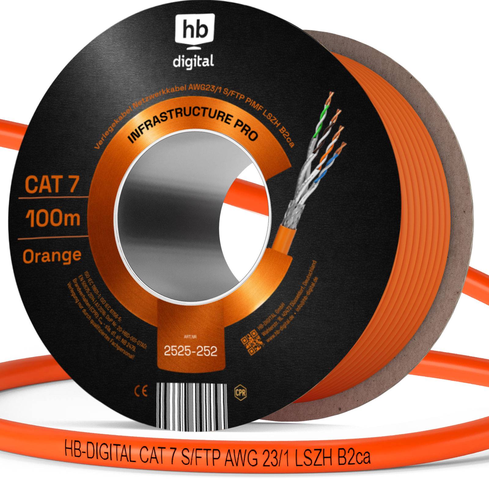 Spule mit orangenem HB Digital Cat 7-Netzwerkkabel mit der Bezeichnung „100m
