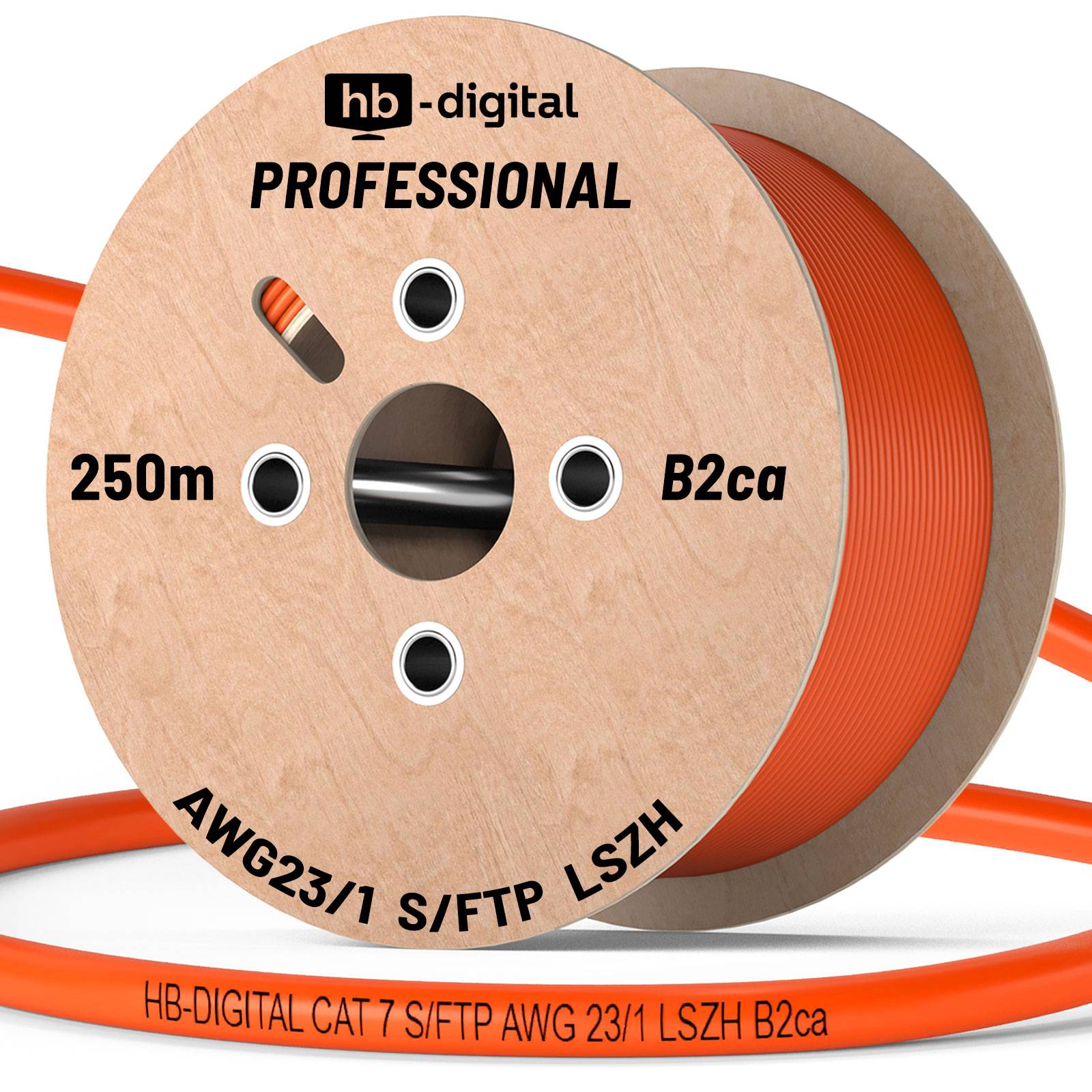 Spule mit orangefarbenem Netzwerkkabel mit der Bezeichnung „hb-digital PROFESSIONAL