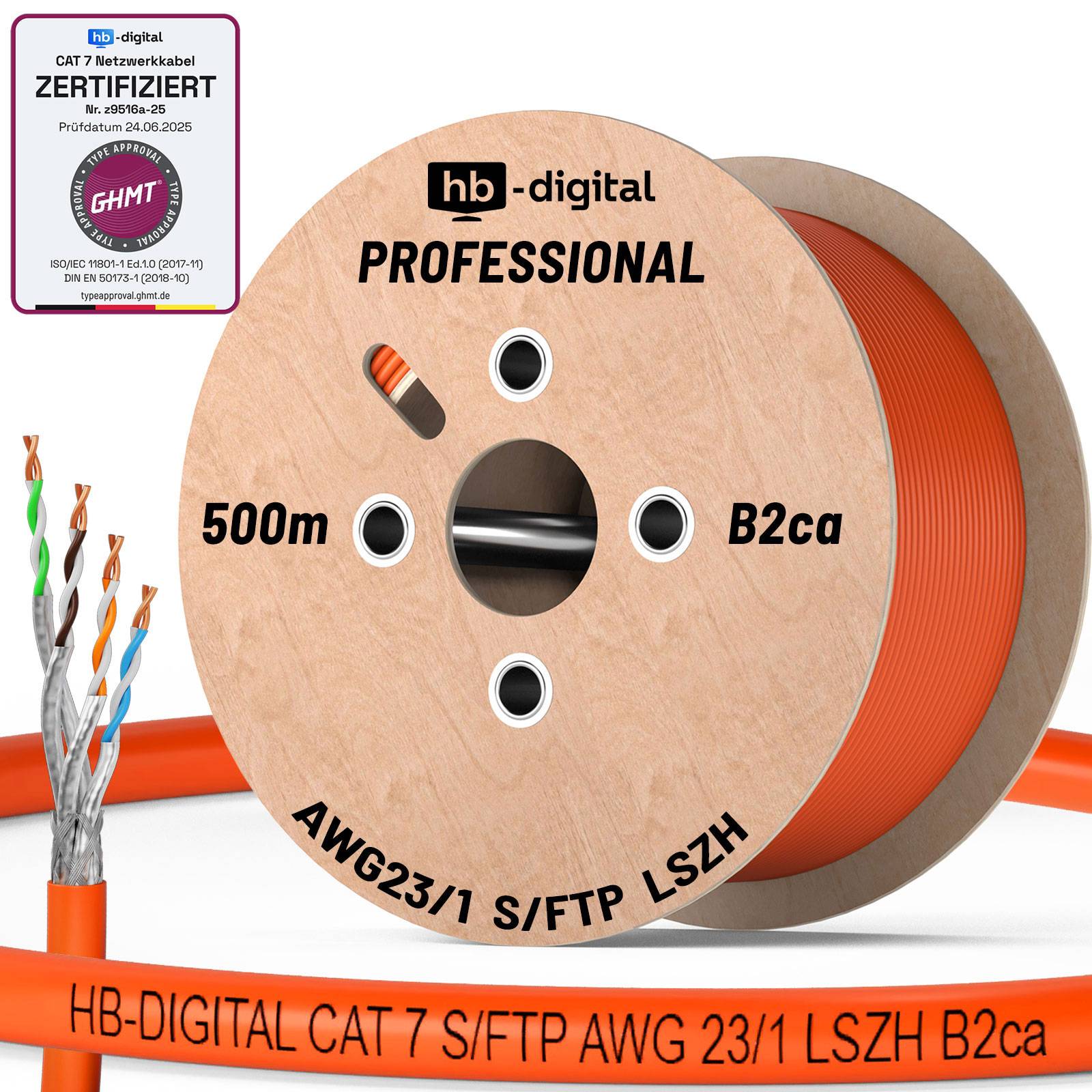 hb-digital CAT 7 Netzwerkkabel 500m PRO S/FTP PiMF AWG23/1 LSZH B2ca GHMT PoE++ Verlegekabel professional