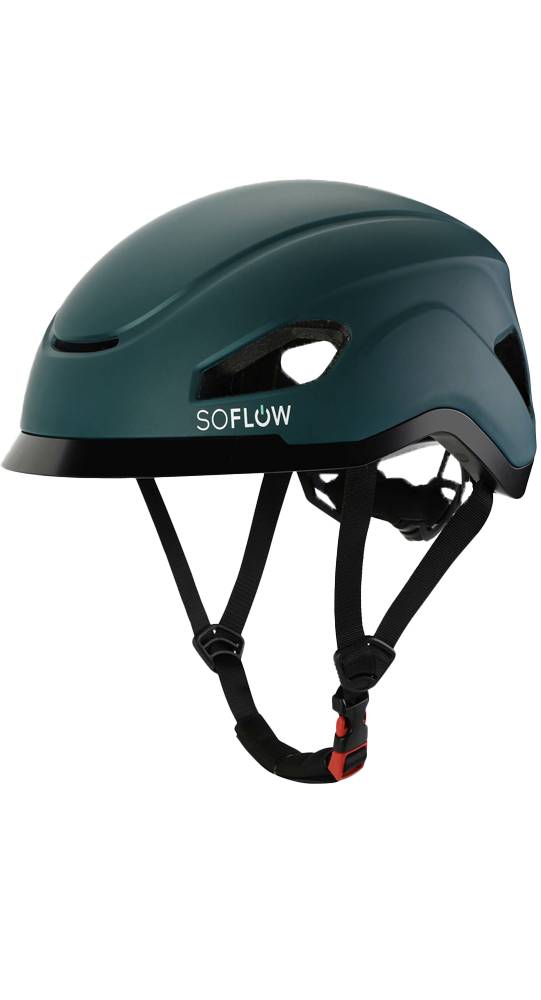 Teal-farbener SOFLY-Fahrradhelm mit schwarzen Riemen, in der Seitenansicht auf schwarzem Hintergrund dargestellt.