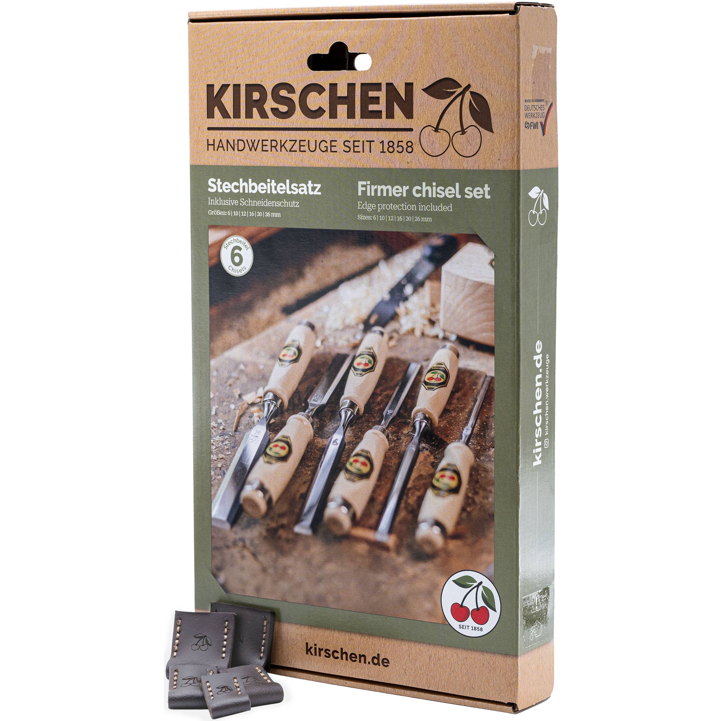 KIRSCHEN Stechbeitelsatz 6-tlg. mit Weißbuchenheft 6-10-12 -16-20-26 mm inkl. Leder-Schneidenschutz Satz 1111100