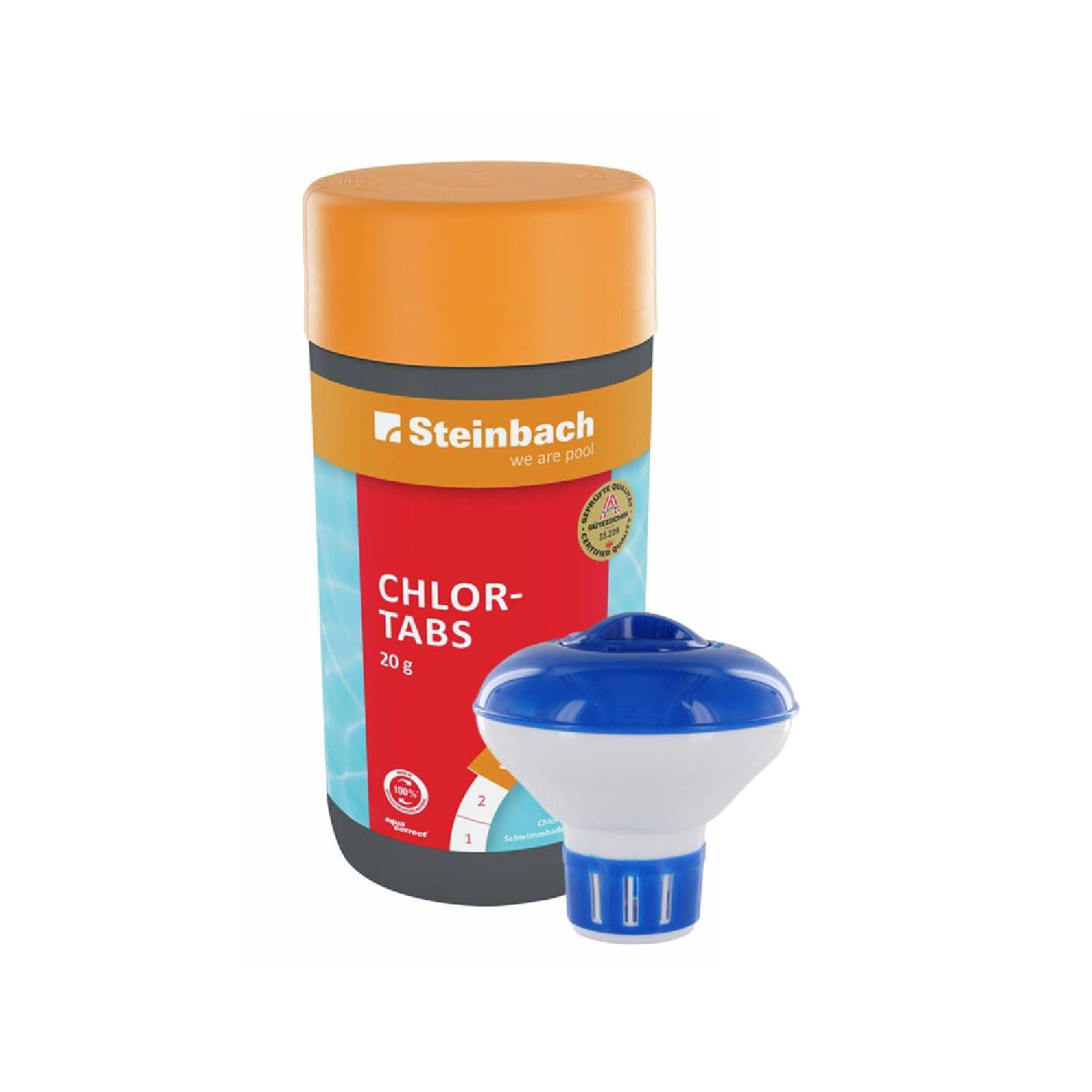 Steinbach Poolpflege-Set | Chlordosierschwimmer Mini Ø 12,5 cm & Chlortabs 20 g | für Dauerdosierung & Schockchlorung | mit Dosierregler | ideal fü