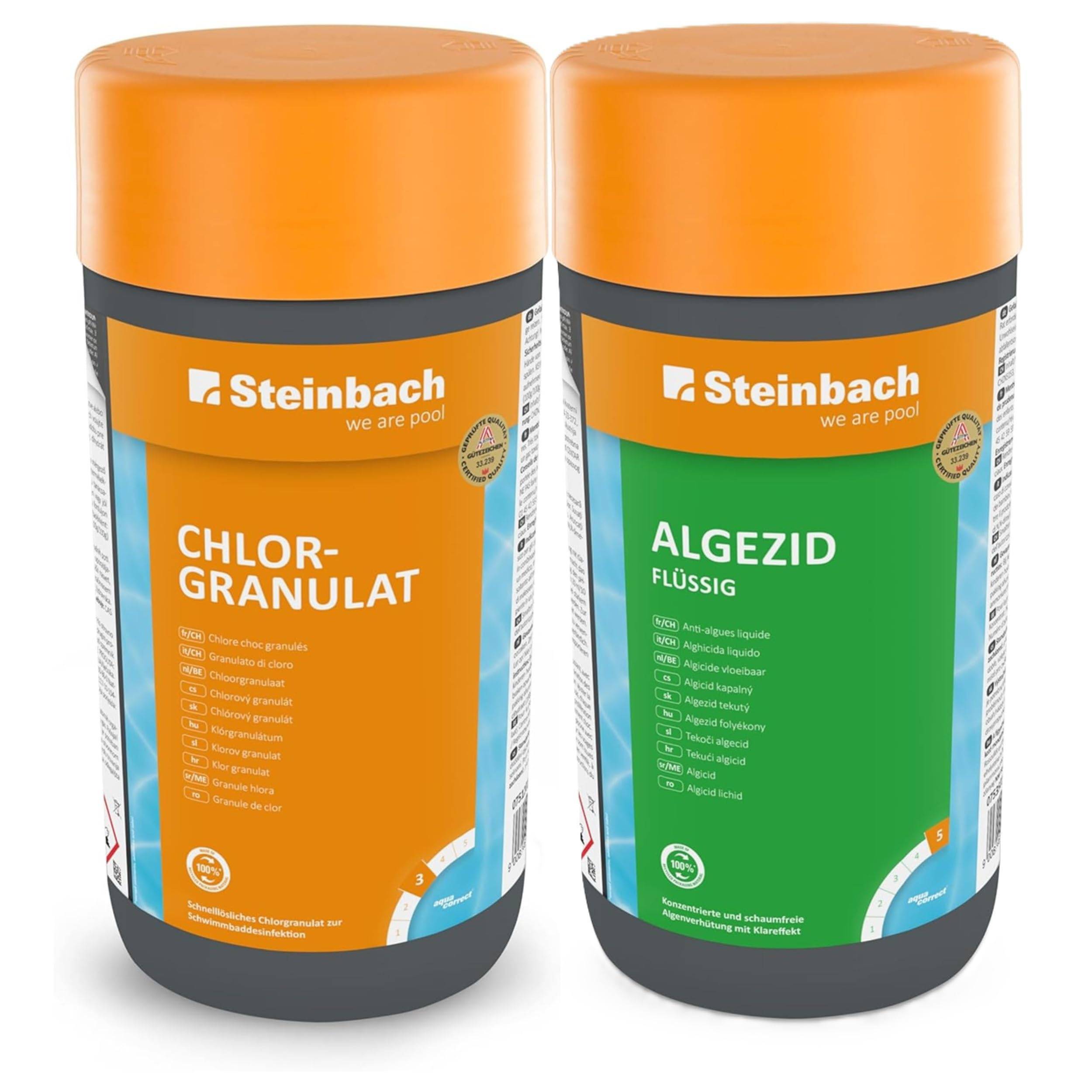 Steinbach | Poolpflege Starter-Set | Chlorgranulat 1 kg + Algezid flüssig 1 l | Perfektes Set zur Reinigung und Wartung | Poolwasser kristallklar