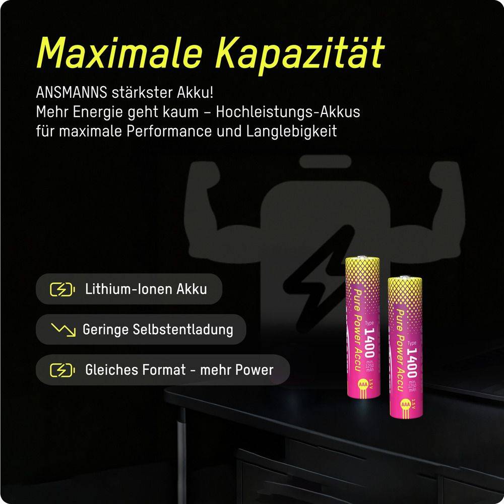 ANSMANN Li-Lon Akkus, Micro AAA, Typ 1400 (min. 1250 mAh), 4 Stück