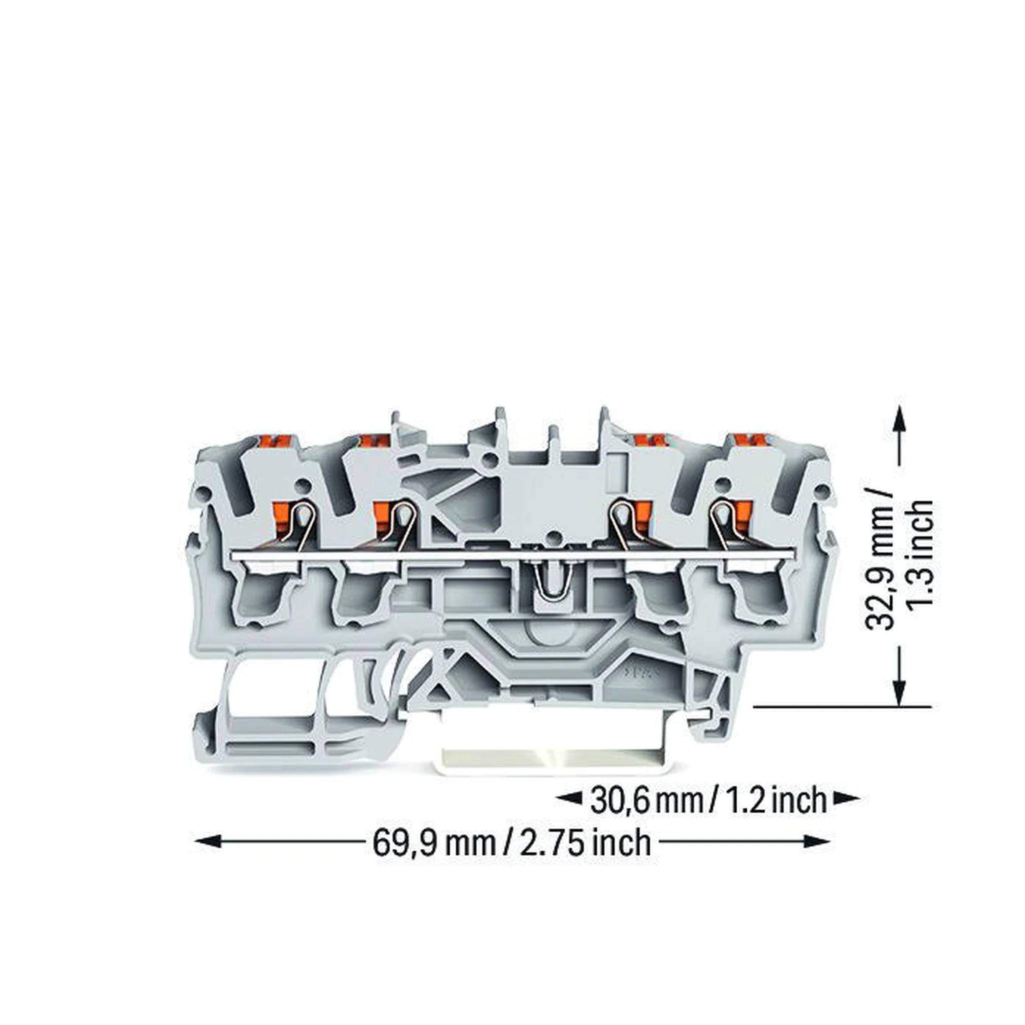 Querschnittsdiagramm eines grauen Klemmleistenconnectors mit internen Federkontakten, mit den Abmessungen 69,9 mm breit, 32,9 mm hoch und 30,6 mm tief.