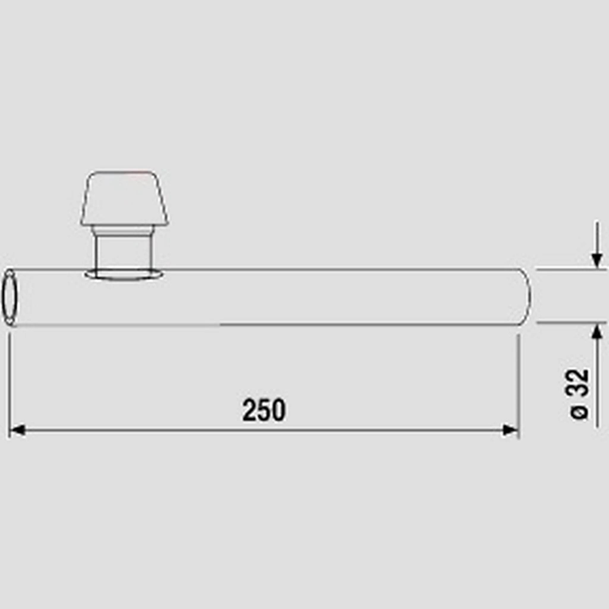 Technische Zeichnung eines 250 mm langen zylindrischen Rohrs mit einer oberen Düse; Durchmesser markiert ø32 auf der rechten Seite.
