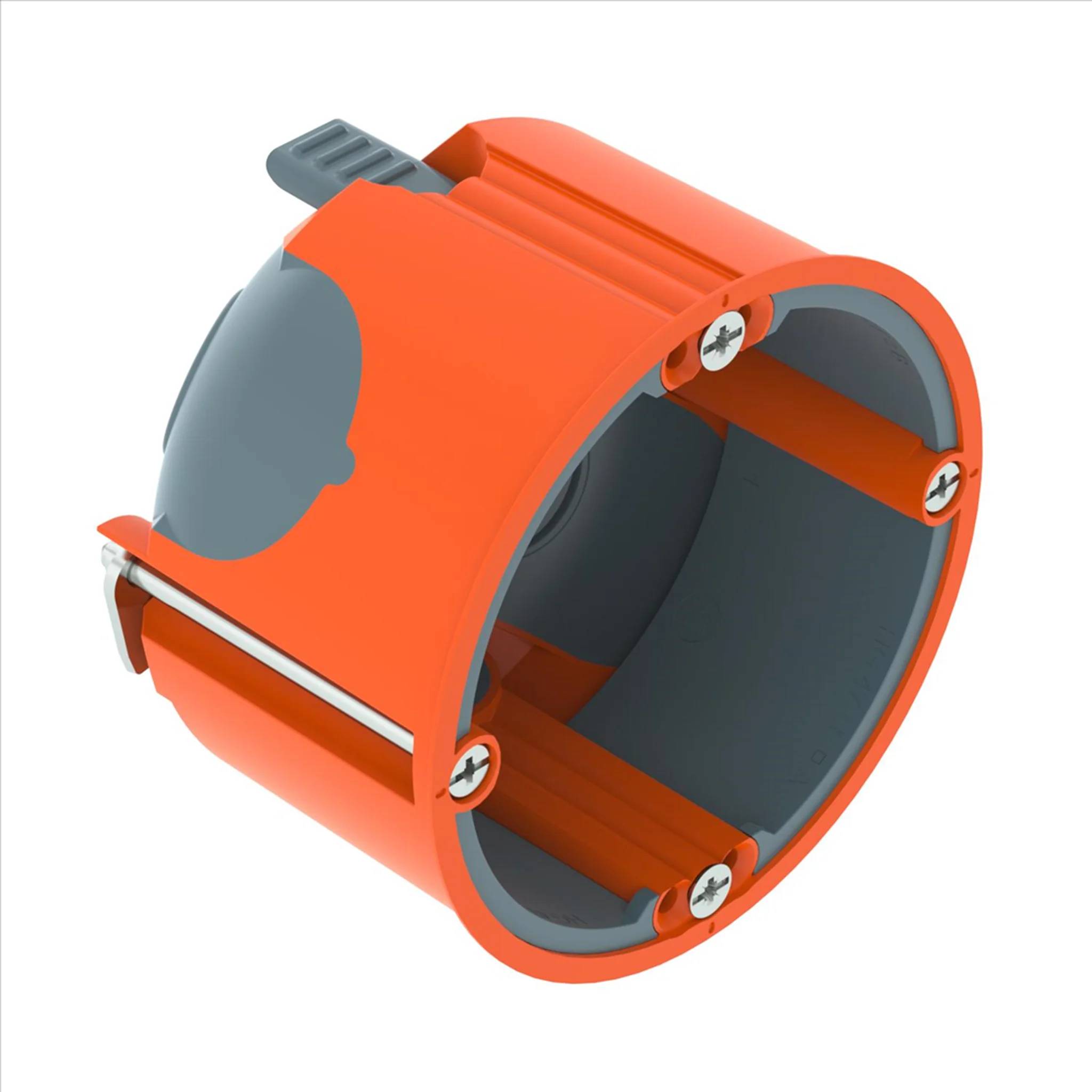 Orange elektrische Verteilerdose mit offener kreisförmiger Vorderseite, grauem Innenraum und Metallschrauben, abgebildet auf weißem Hintergrund.