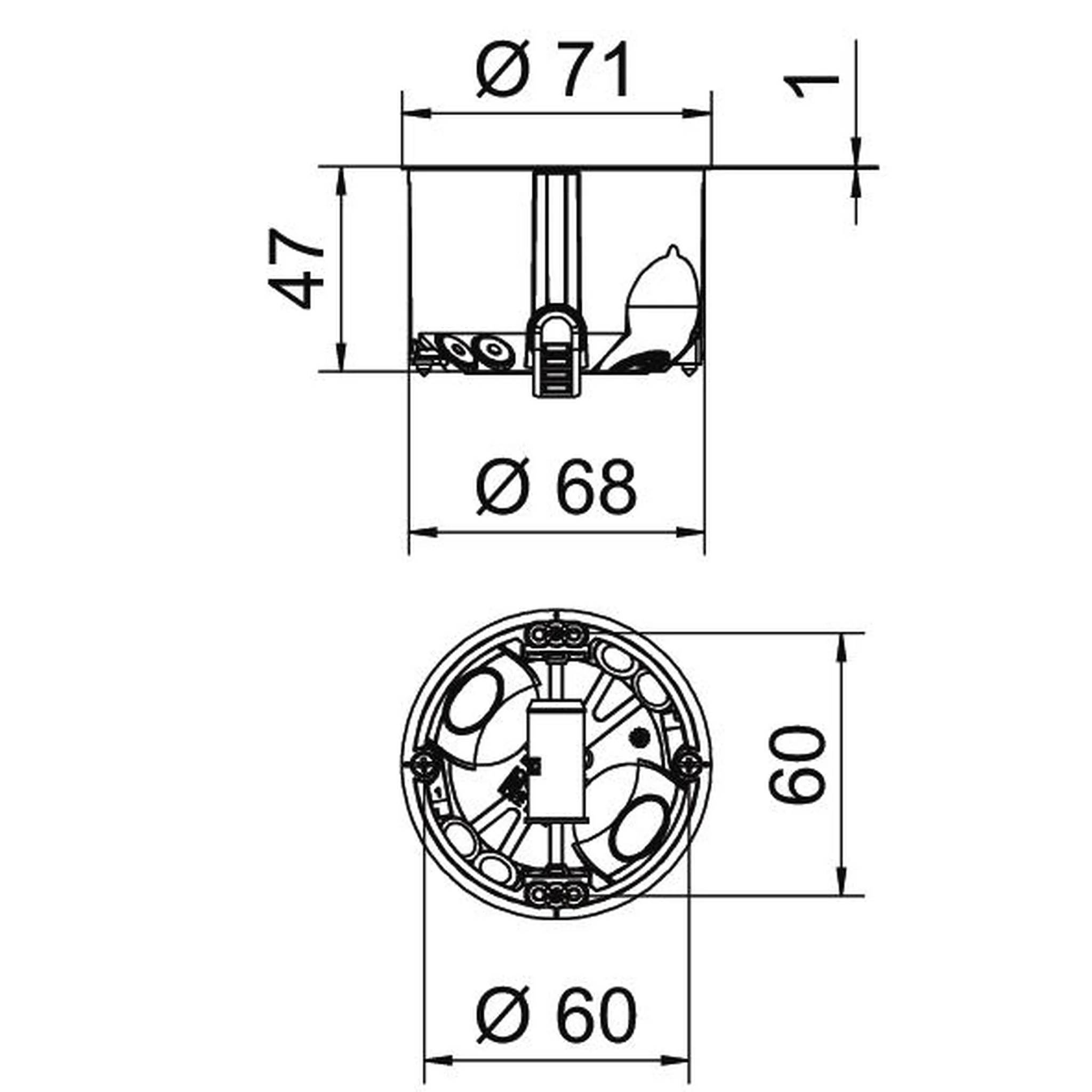 Technische Maßzeichnung einer kreisförmigen Vorrichtung: 71 mm äußere Breite, 68 mm Öffnung, 47 mm Tiefe, 60 mm Durchmesser und 1 mm Kantenstärke.