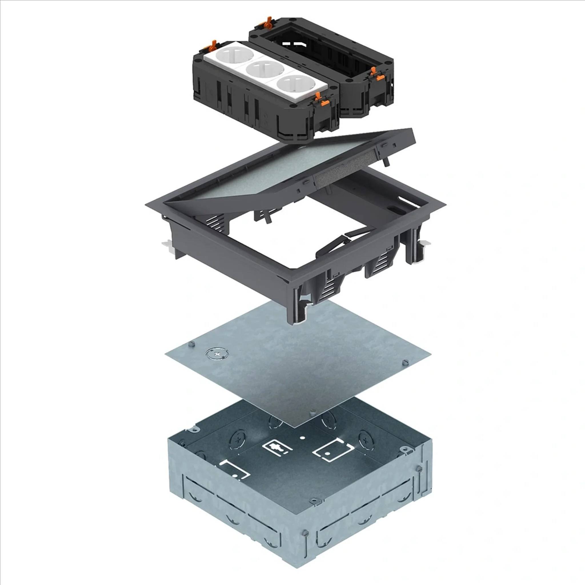 Explodierte Ansicht einer modularen Bodendosenarmatur, die Abdeckung, Rahmen, Einsatz und Basiskomponenten gestaffelt auseinandergezogen zeigt.