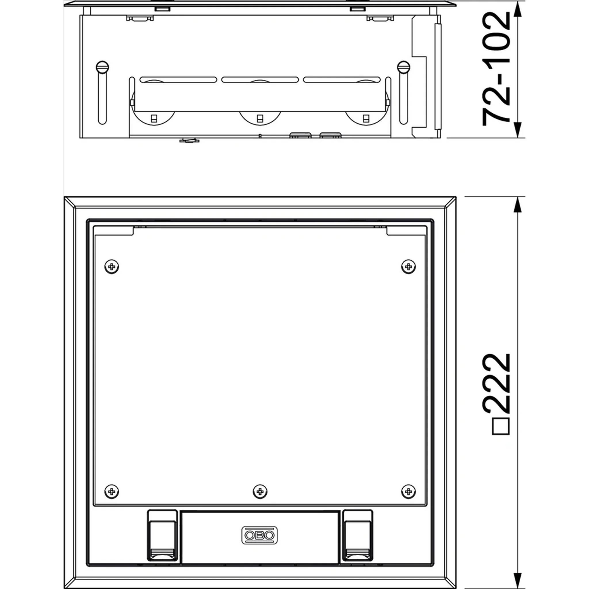 Technische Zeichnung einer quadratischen Vertiefung oder Inspektionsluke, dargestellt in Vorder- und Seitenansicht mit den Abmessungen 222 und 72-102.
