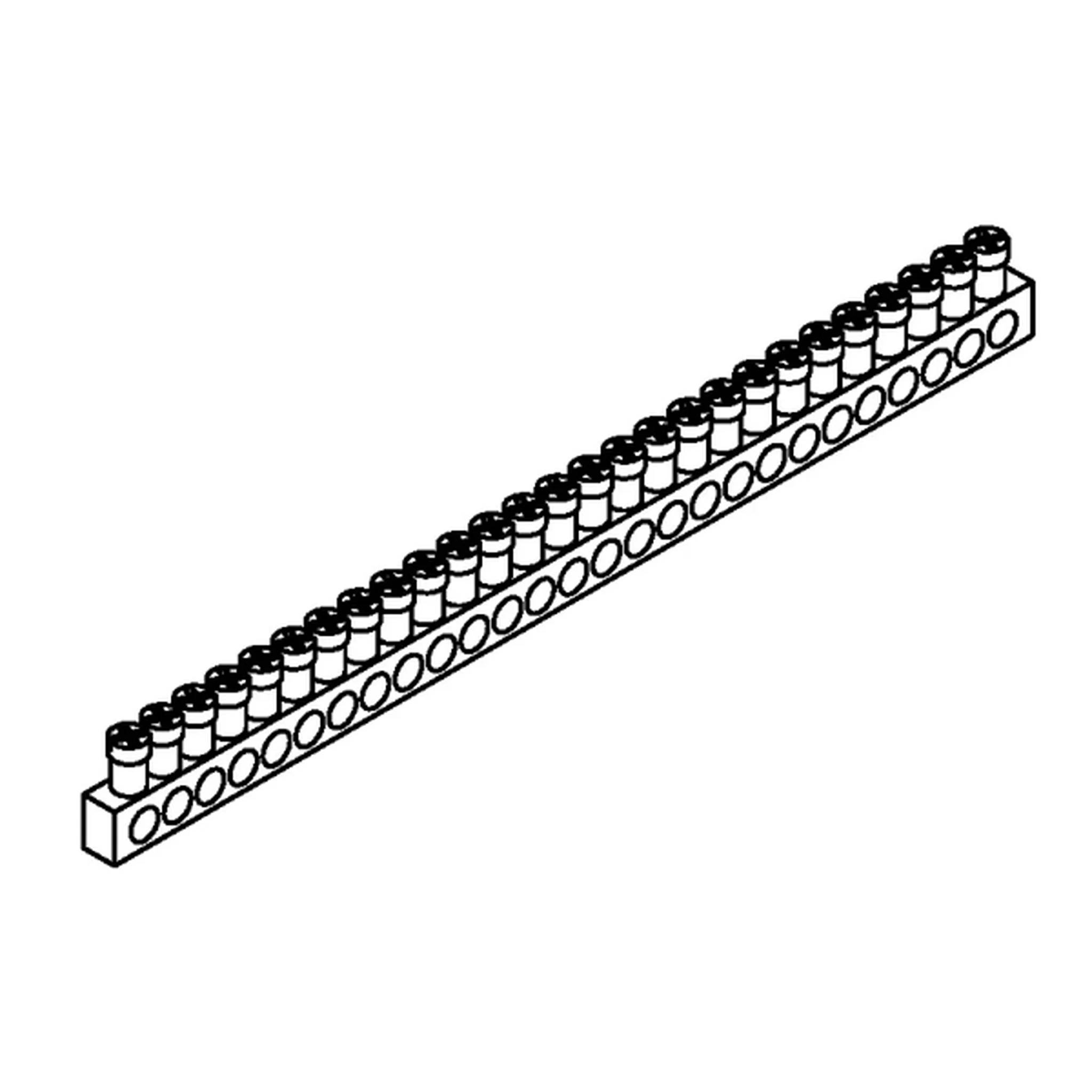 Eine isometrische Illustration eines langen LEGO-ähnlichen Balkens mit Noppen und Löchern, diagonal auf einem schlichten weißen Hintergrund dargestellt.