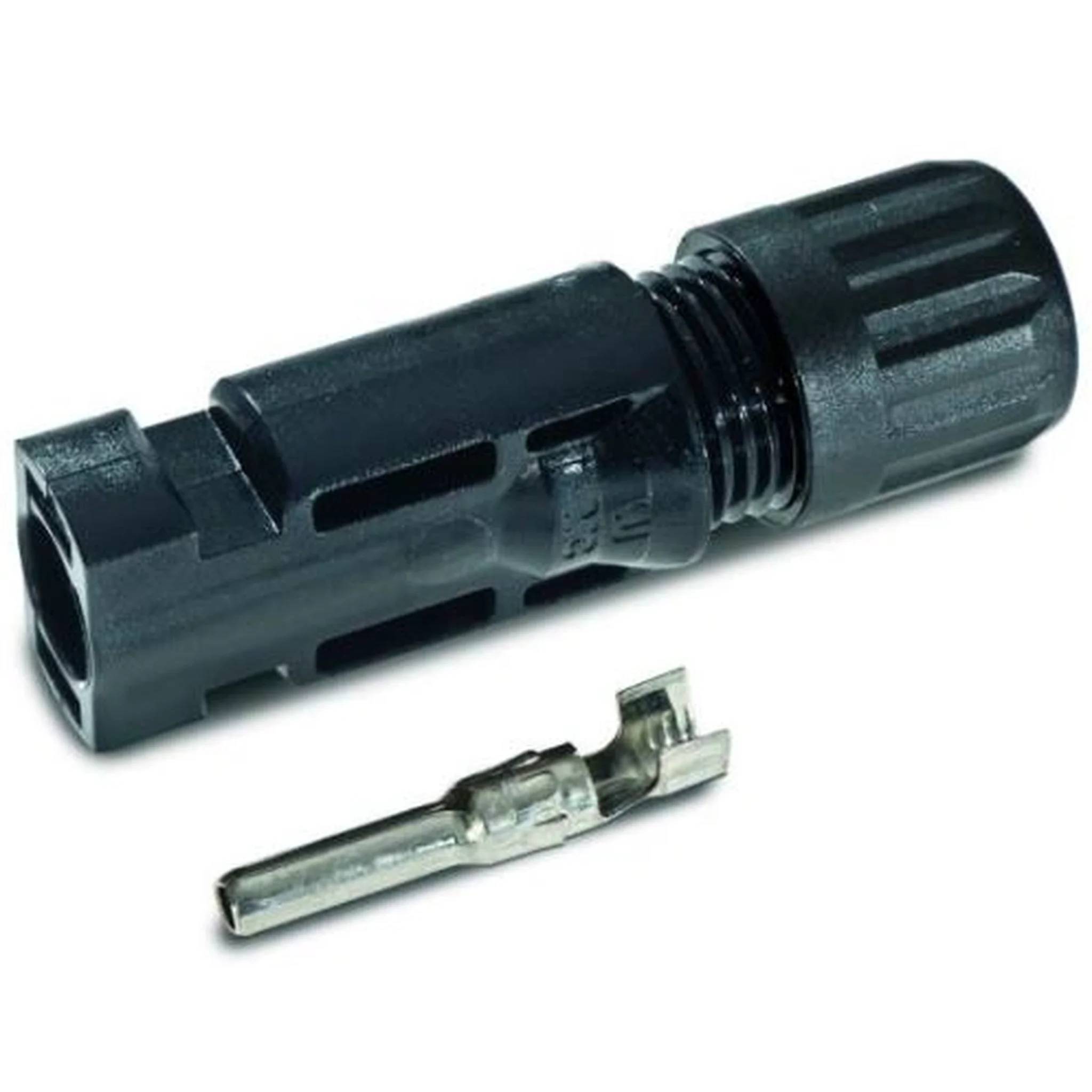 Solarstecker-Steckergehäuse mit passendem Metall-Kontaktstift, unten auf weißem Hintergrund dargestellt.
