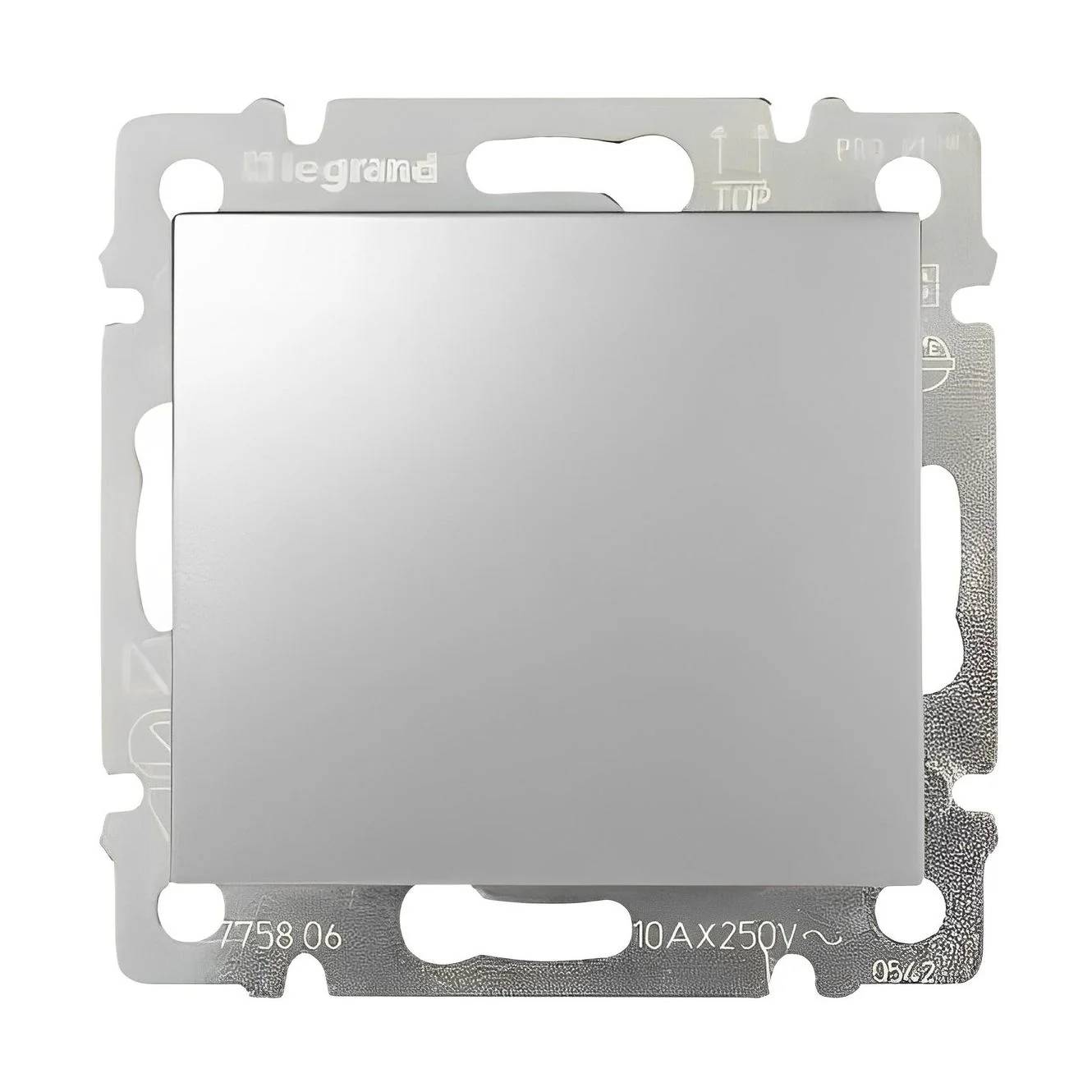 Silber Legrand Wandschalter-Blende mit quadratischem zentrischen Kippschalter auf Montagrahmen, Vorderansicht gezeigt.