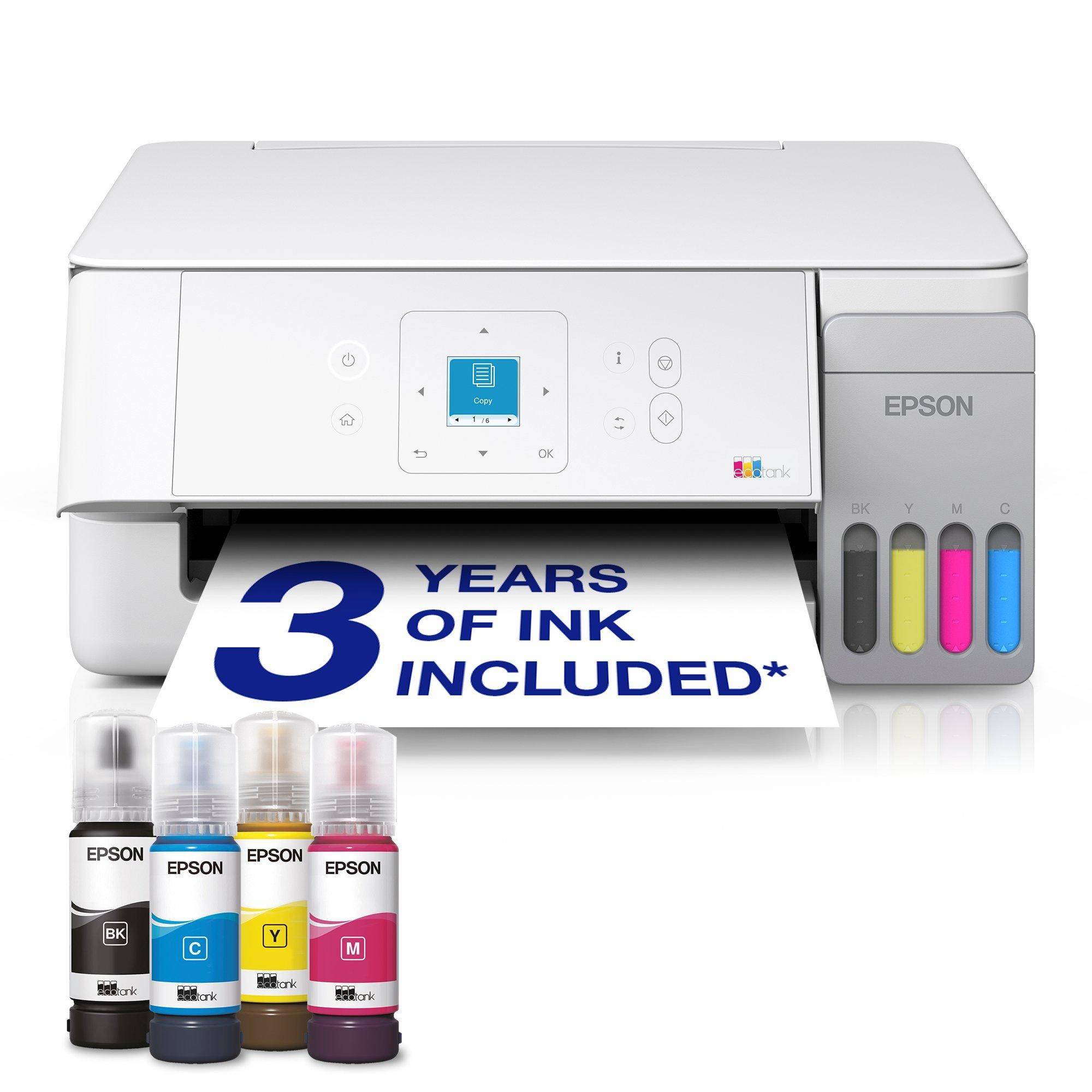 Epson All-in-One-Drucker druckt ein Blatt mit der Aufschrift „3 JAHRE TINTE ENTHALTEN*