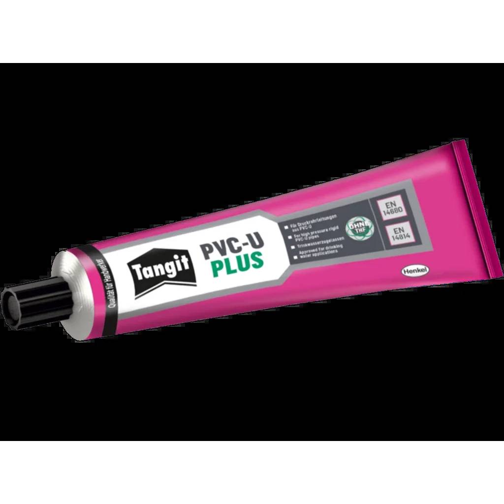 Rosa Tube mit Tangit PVC-U Plus Kleber auf schwarzem Hintergrund, beschriftet für PVC-U Rohre und Formstücke.