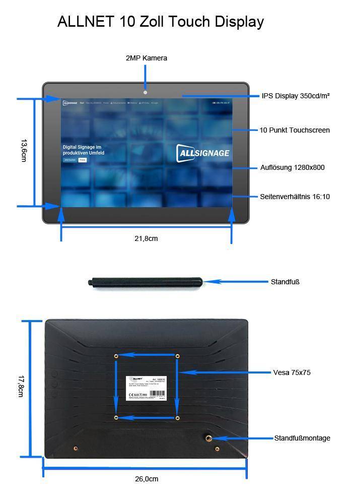 ALLNET PrimeOne-120 Touch Display Tablet, 12 Zoll, Android 13, RK3568, 8GB/64GB, PoE, schwarz