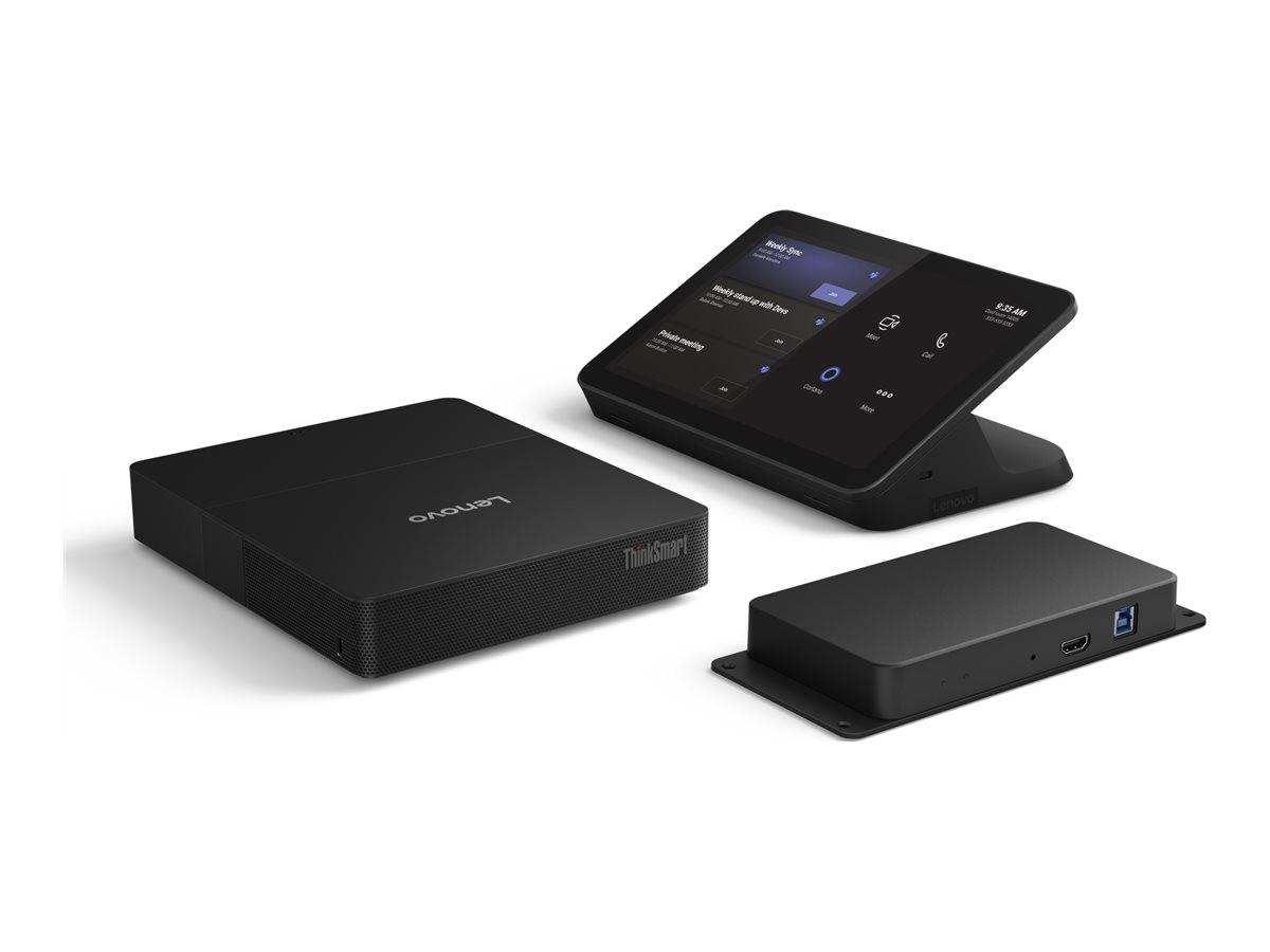 Drei schwarze Lenovo ThinkSmart-Geräte auf weißem Hintergrund, bestehend aus einem Touchscreen-Controller, einem kompakten Hub und einer angedockten Basiseinheit.