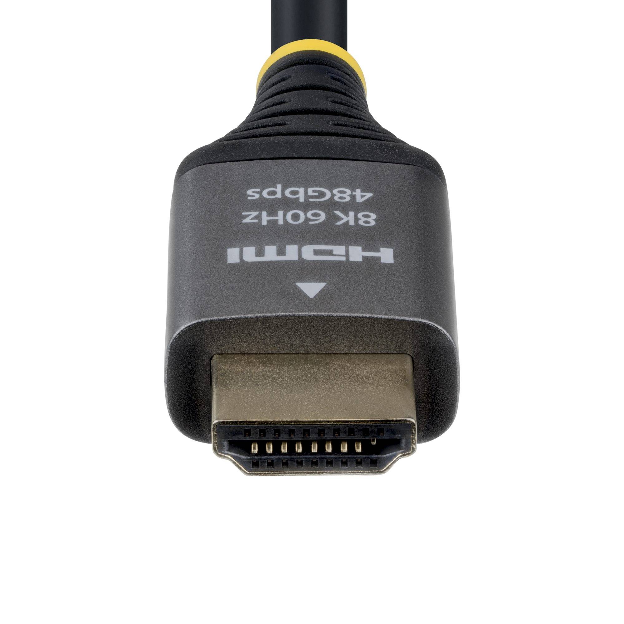 Nahaufnahme eines schwarzen HDMI-Kabelsteckers mit der Aufschrift „HDMI 8K 60Hz 48Gbps