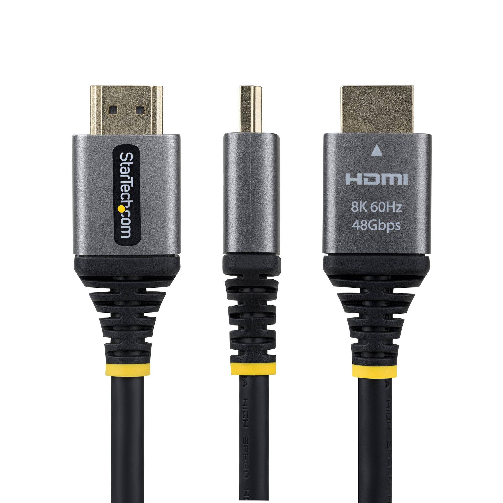 Drei HDMI-Kabel mit verschiedenen Anschlüssen: Standard-HDMI, USB-C und HDMI mit der Bezeichnung 