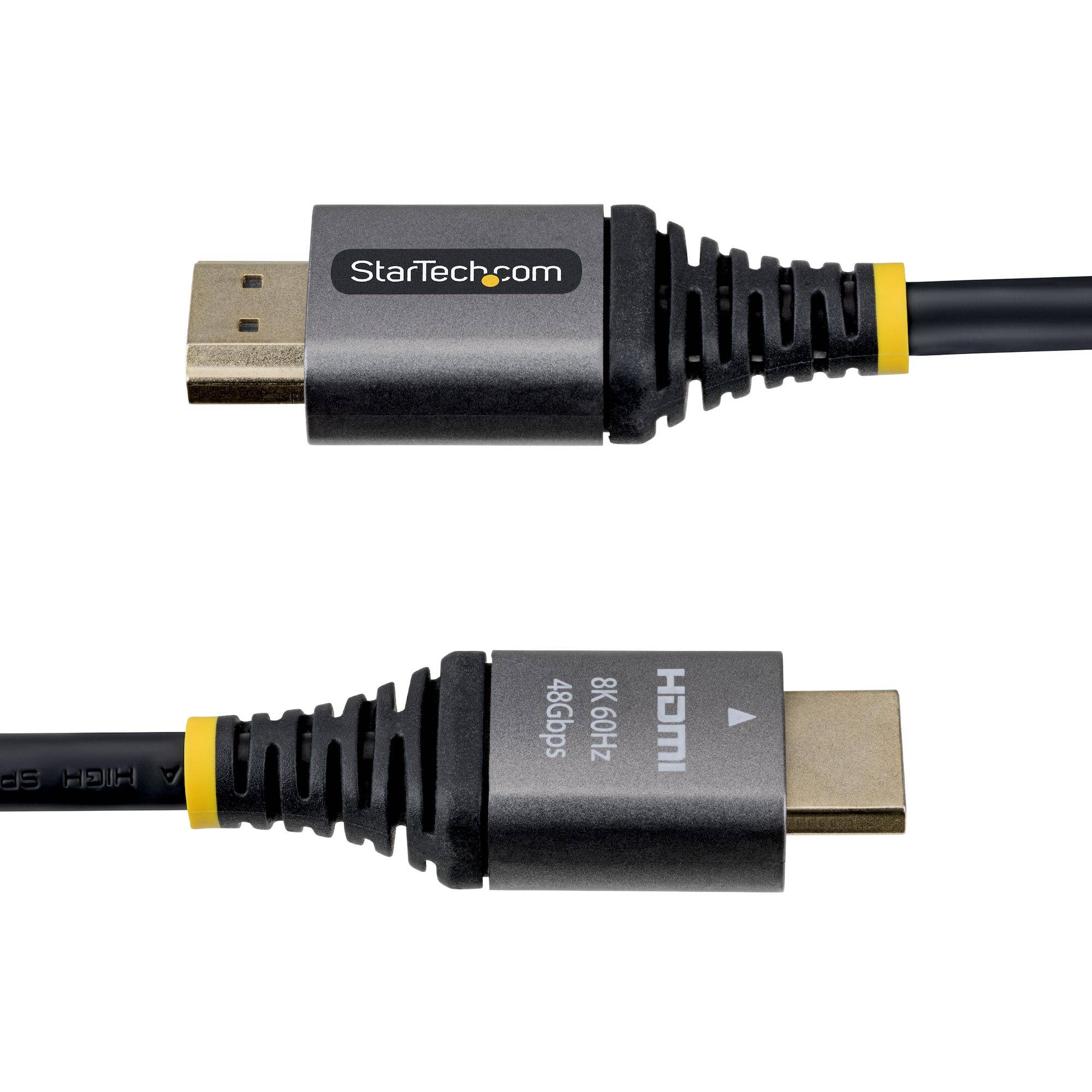 Zwei HDMI-Kabelstecker auf weißem Hintergrund, einer mit der Bezeichnung StarTech.com und der andere mit „HDMI