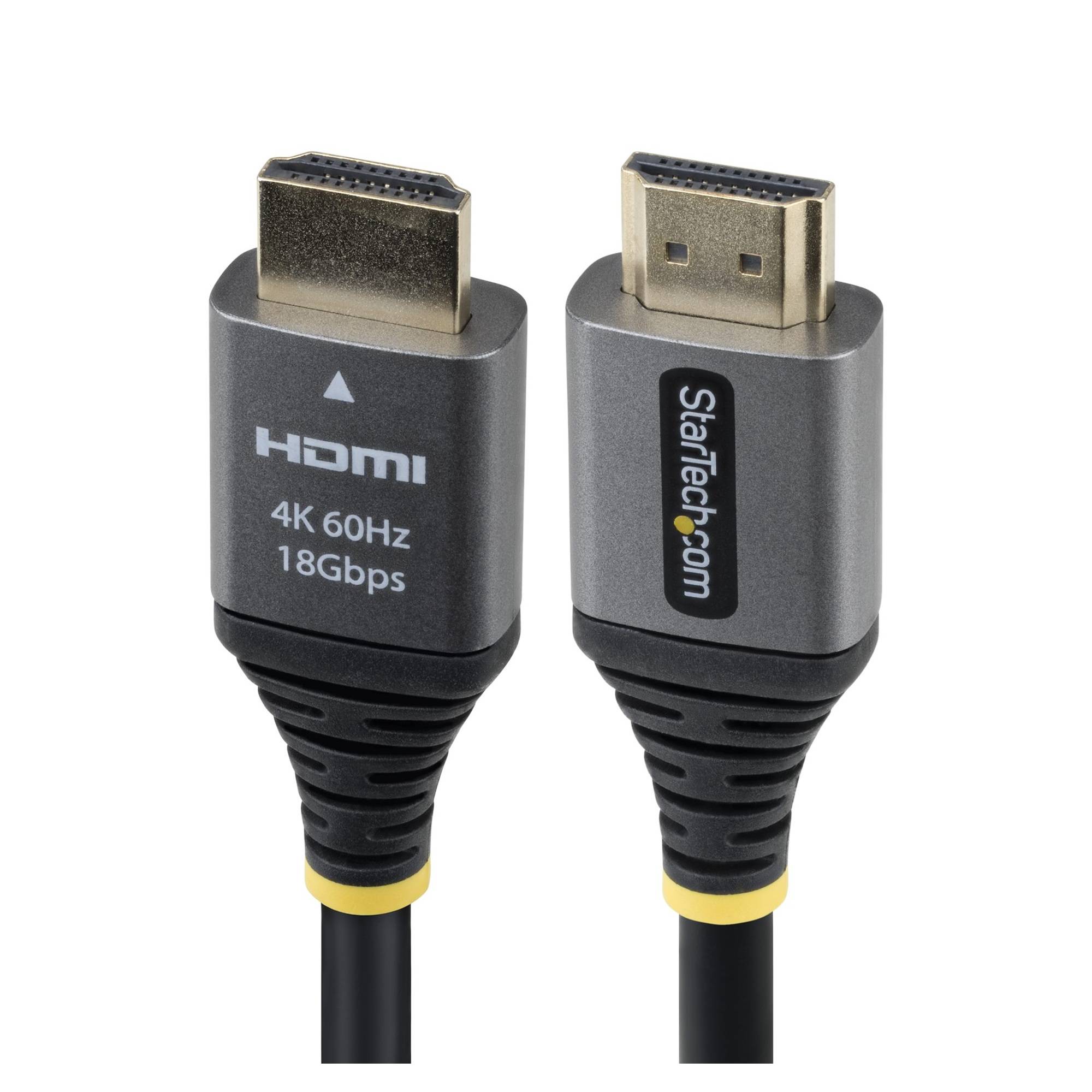 Zwei HDMI-Kabelstecker auf weißem Hintergrund, einer mit der Bezeichnung „HDMI 4K 60Hz 18Gbps