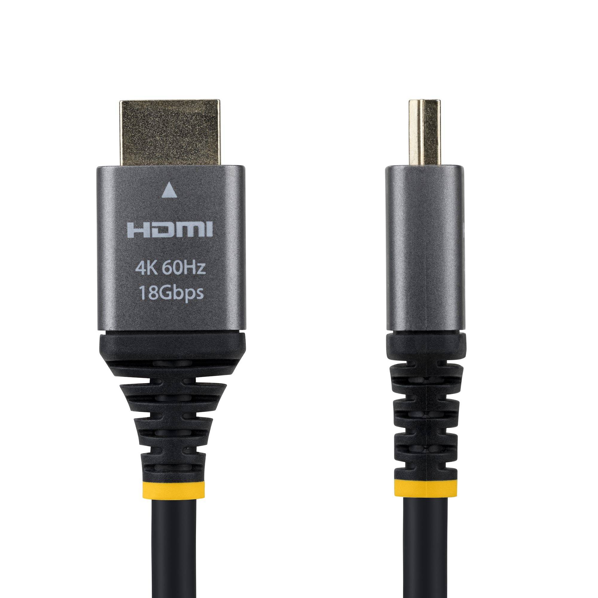 HDMI-Kabel mit Standard-HDMI-Stecker und kleinerem Anschluss, gekennzeichnet mit „HDMI 4K 60Hz 18Gbps