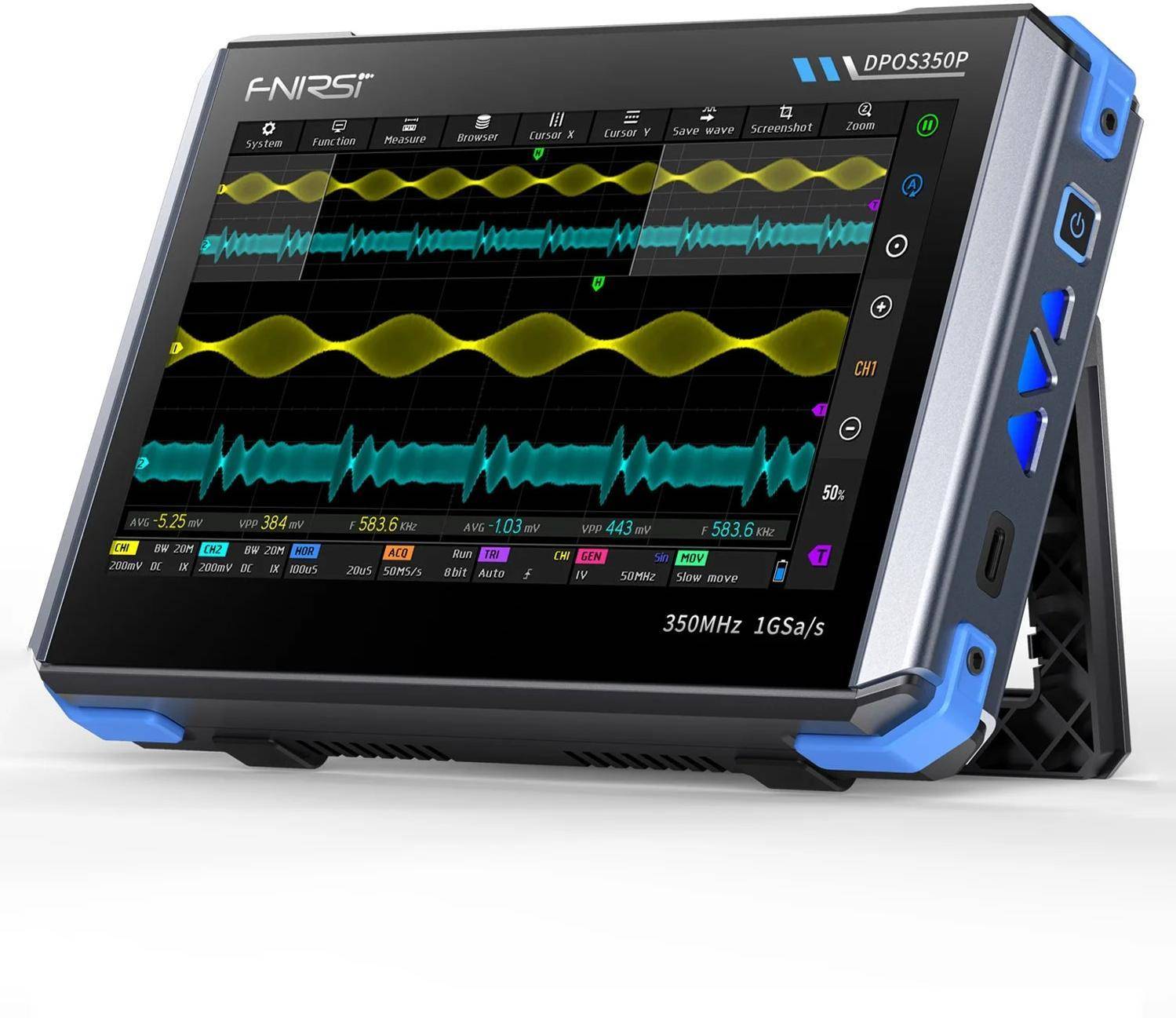FNIRSI DPOS350P 4-in-1 Oszilloskop mit Signalgenerator, 7" Touchscreen, 2 Kanäle, 350MHz