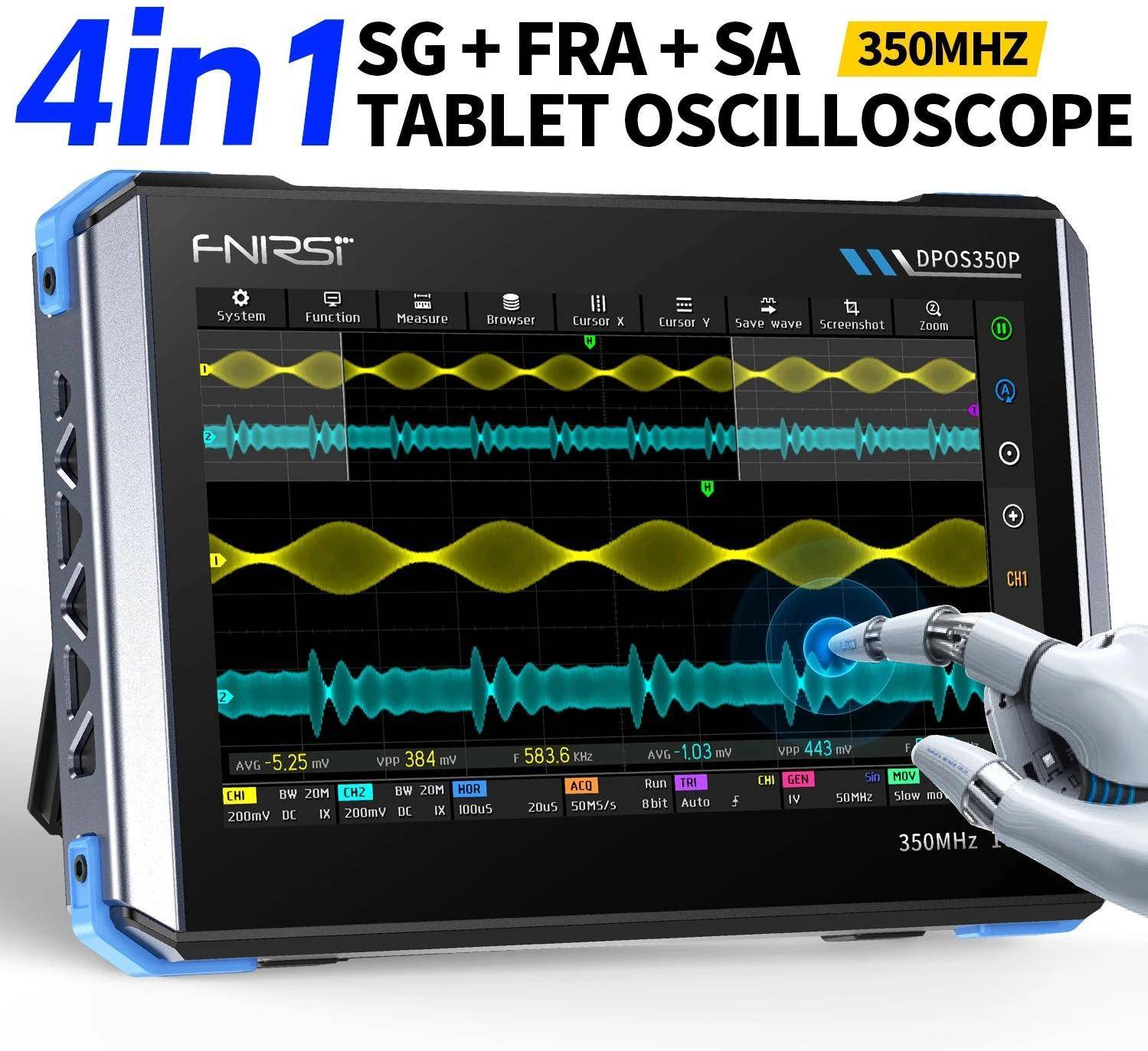 FNIRSI DPOS350P 4-in-1 Oszilloskop mit Signalgenerator, 7" Touchscreen, 2 Kanäle, 350MHz