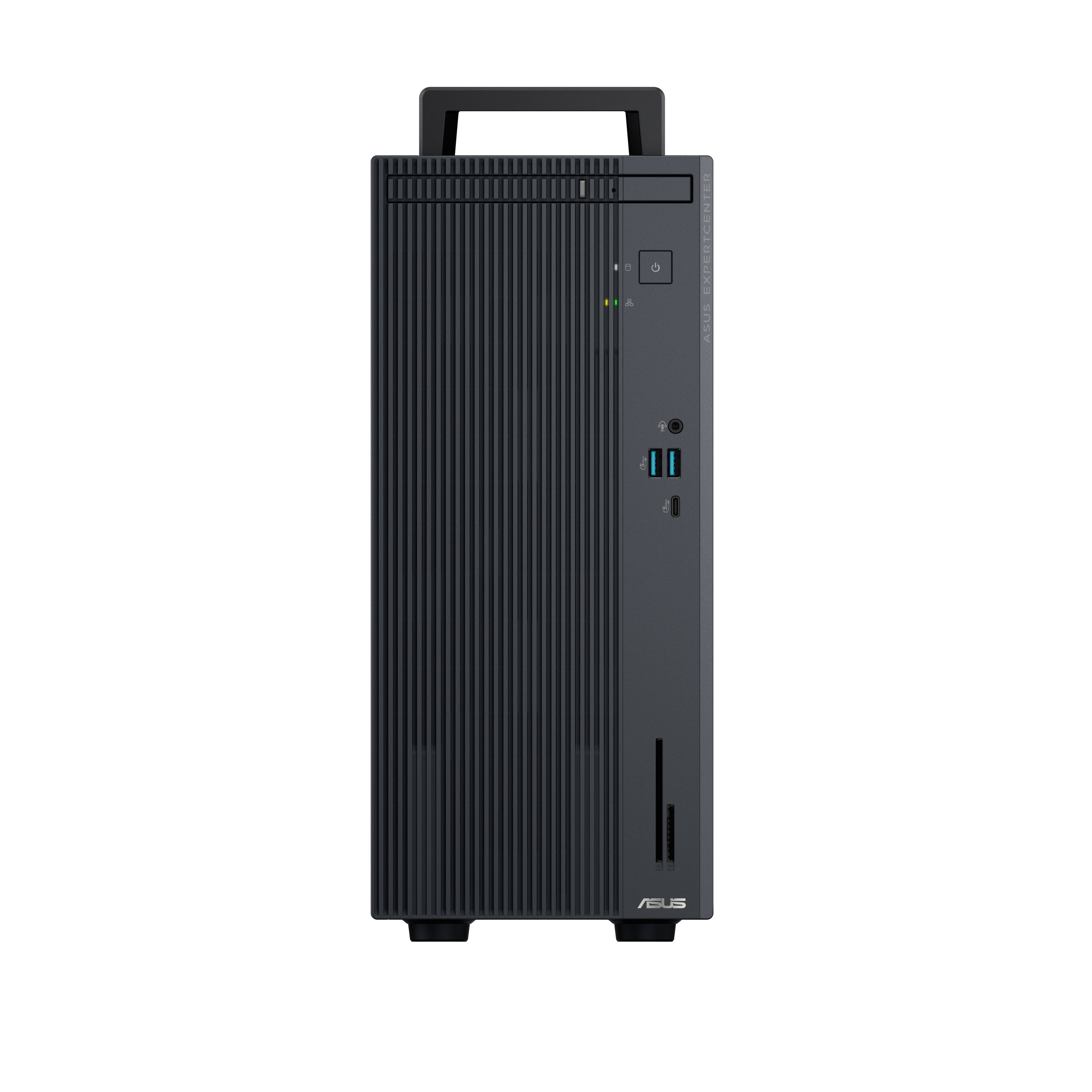Frontansicht eines schwarzen ASUS Desktop-Mini-PC-Towers mit Tragegriff, Netzschalter, Statusleuchte und vorderen USB-Anschlüssen.