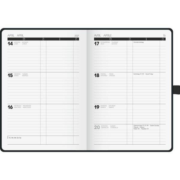 Buchkalender 725 1 Woche/2 Seiten 14,8x21cm A5 Baladek-Einband schwarz 2027