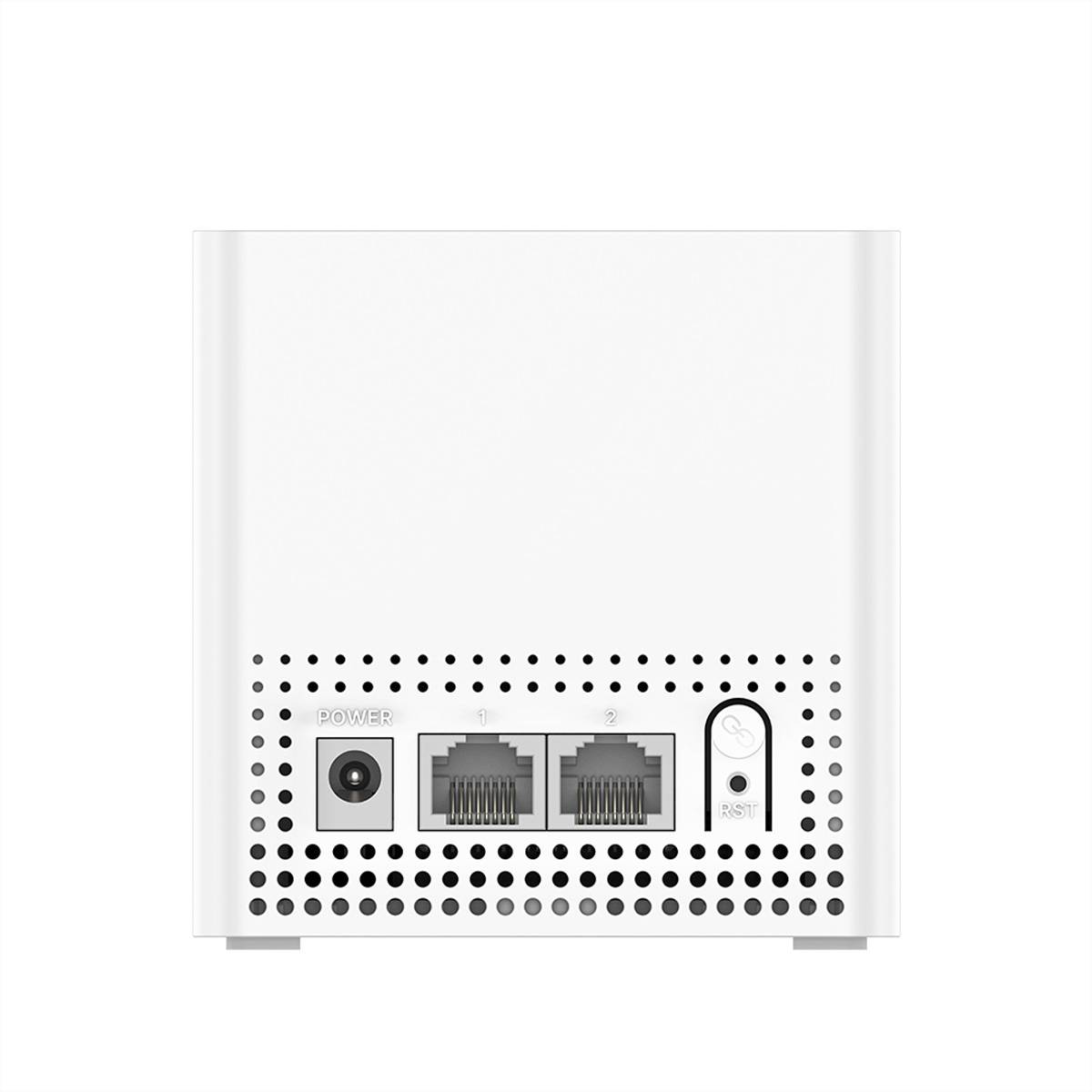 Weiße Netzwerkgeräte-Rückseite mit Stromanschluss, zwei Ethernet-Anschlüssen und einer Reset-Taste hinter perforierten Lüftungslöchern.
