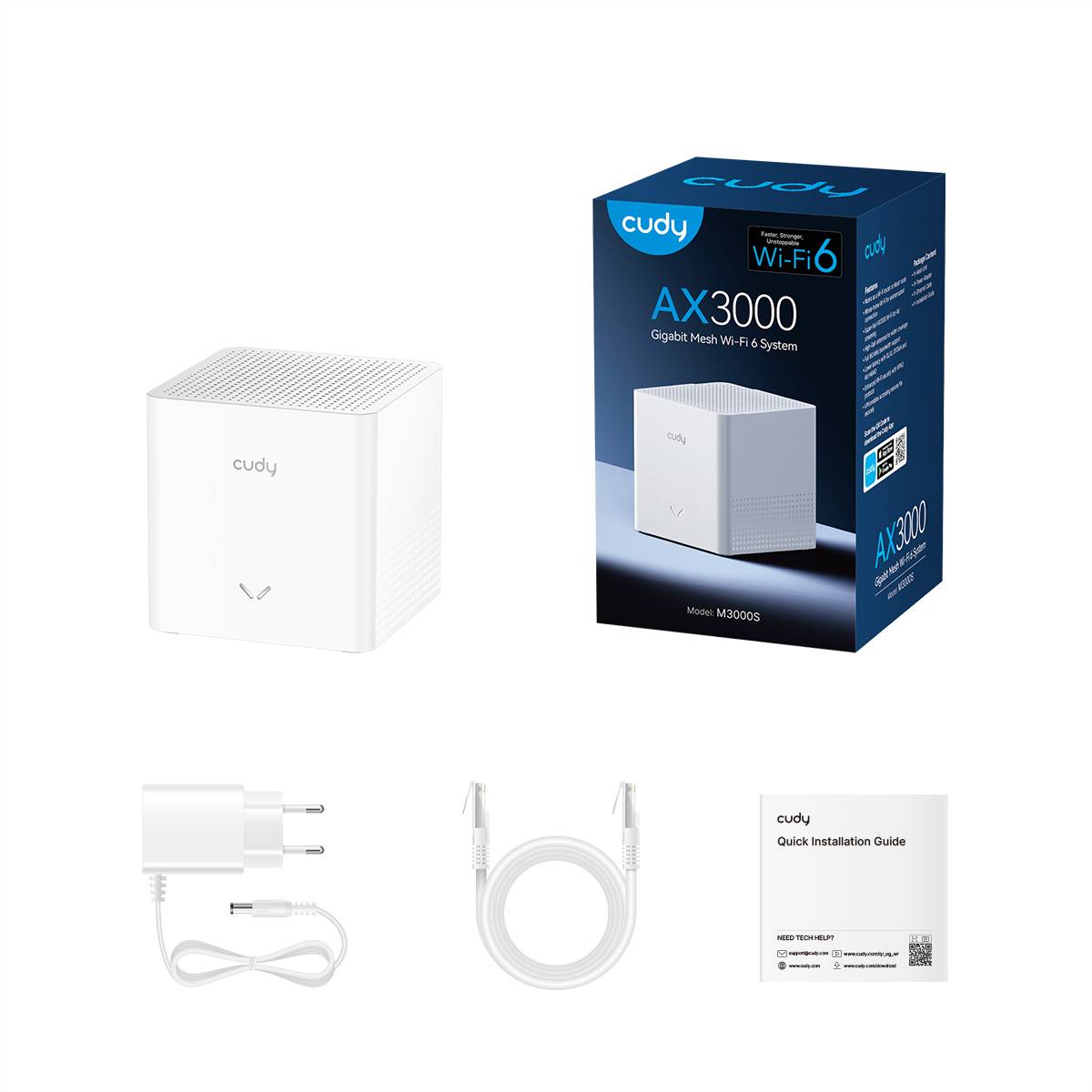 Cudy AX3000 Wi-Fi 6 Mesh-System-Paket mit weißem Router, Netzteil, Ethernet-Kabel, Antennenkabel und Schnellinstallationsanleitung.