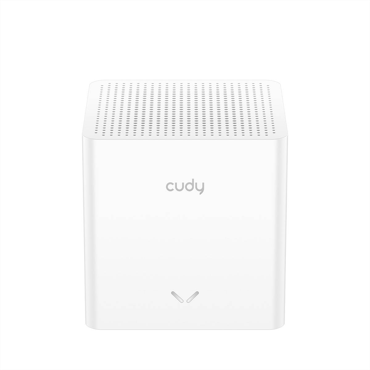 Weißer Cudy Wi-Fi-Router oder Mesh-Knoten mit perforierter Oberseite und Statuslicht-Symbol auf der Vorderseite.