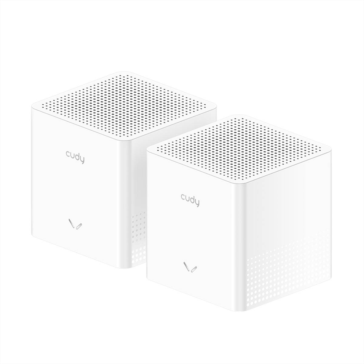 Zwei weiße Cudy Mesh-Wi-Fi-Router-Geräte vor einfachem Hintergrund abgebildet.