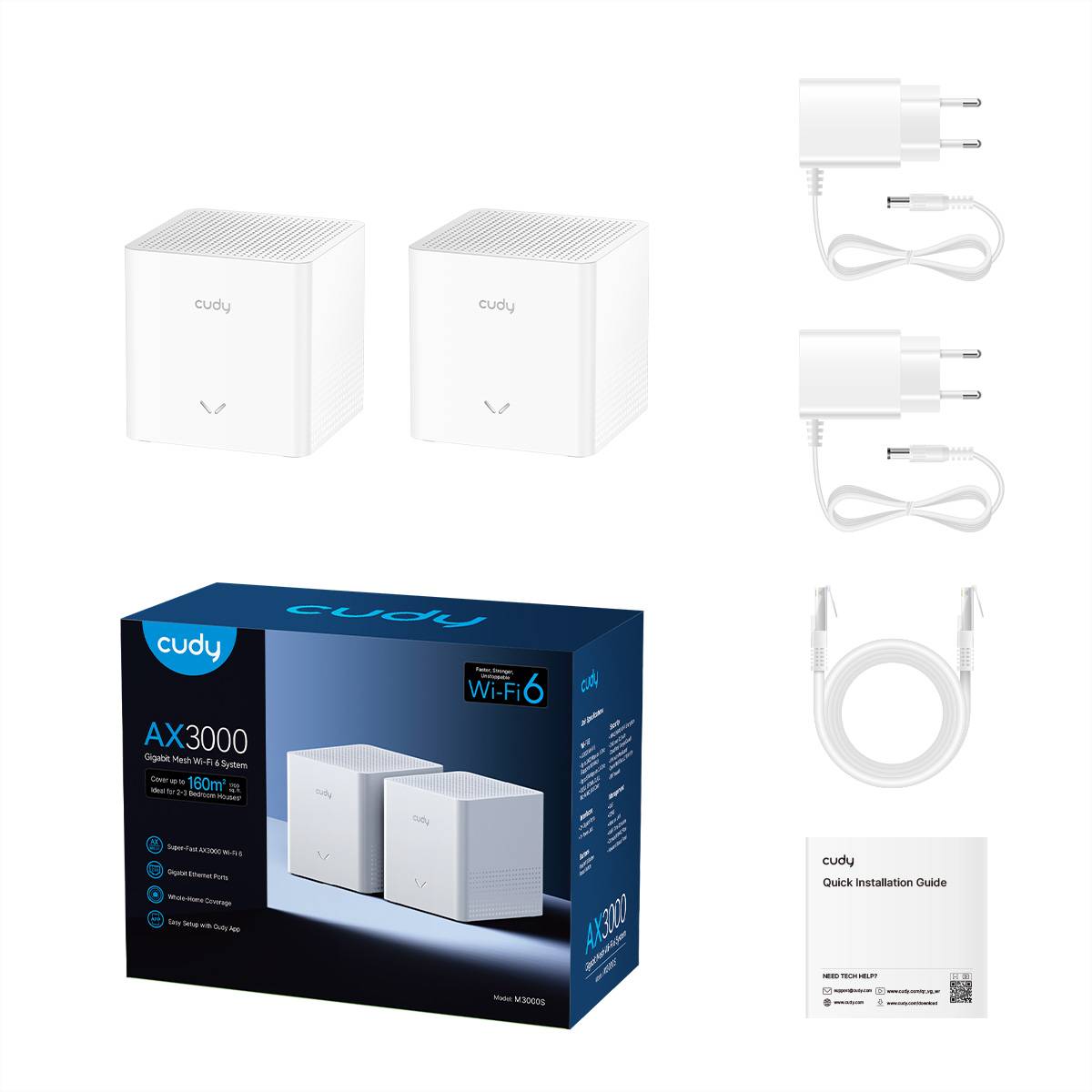 Cudy AX3000 Wi-Fi 6 Router-Set: zwei weiße Mesh-Geräte, zwei Stromadapter, ein Ethernet-Kabel und eine Schnellinstallationsanleitung in der Box.