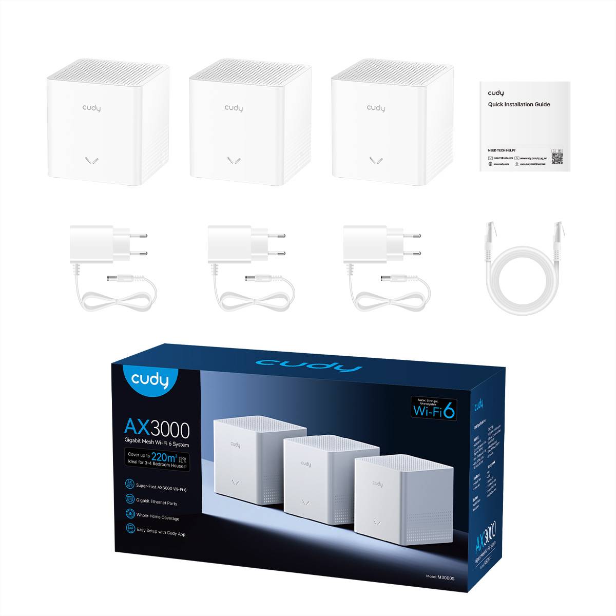 Cudy AX3000 Wi‑Fi 6 Mesh-System-Kit mit drei weißen Geräten, Stromadaptern, Ethernet-Kabel, Schnellinstallationsanleitung und Einzelhandelskarton.