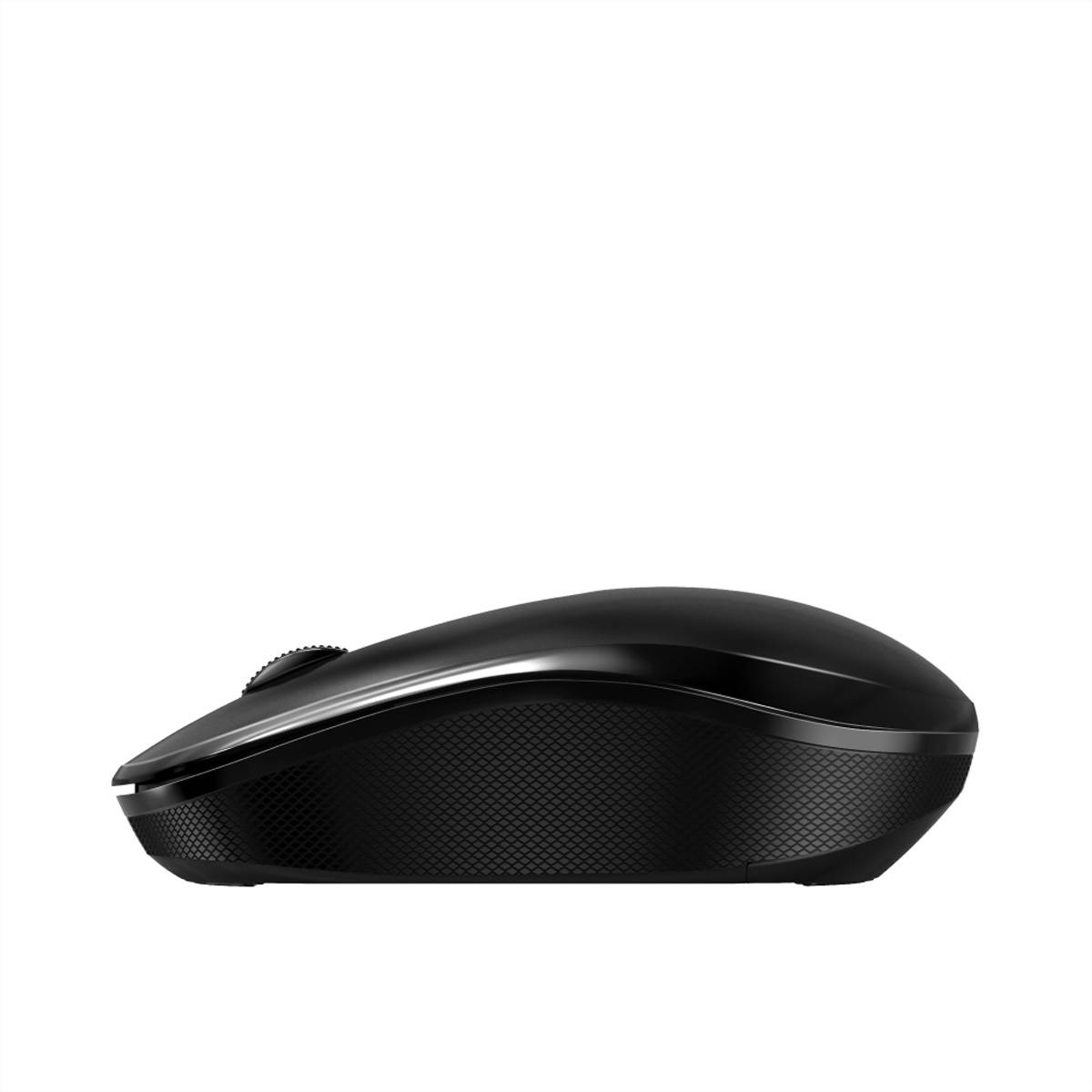 Schwarze kabellose Computermaus in Seitenansicht auf weißem Hintergrund.